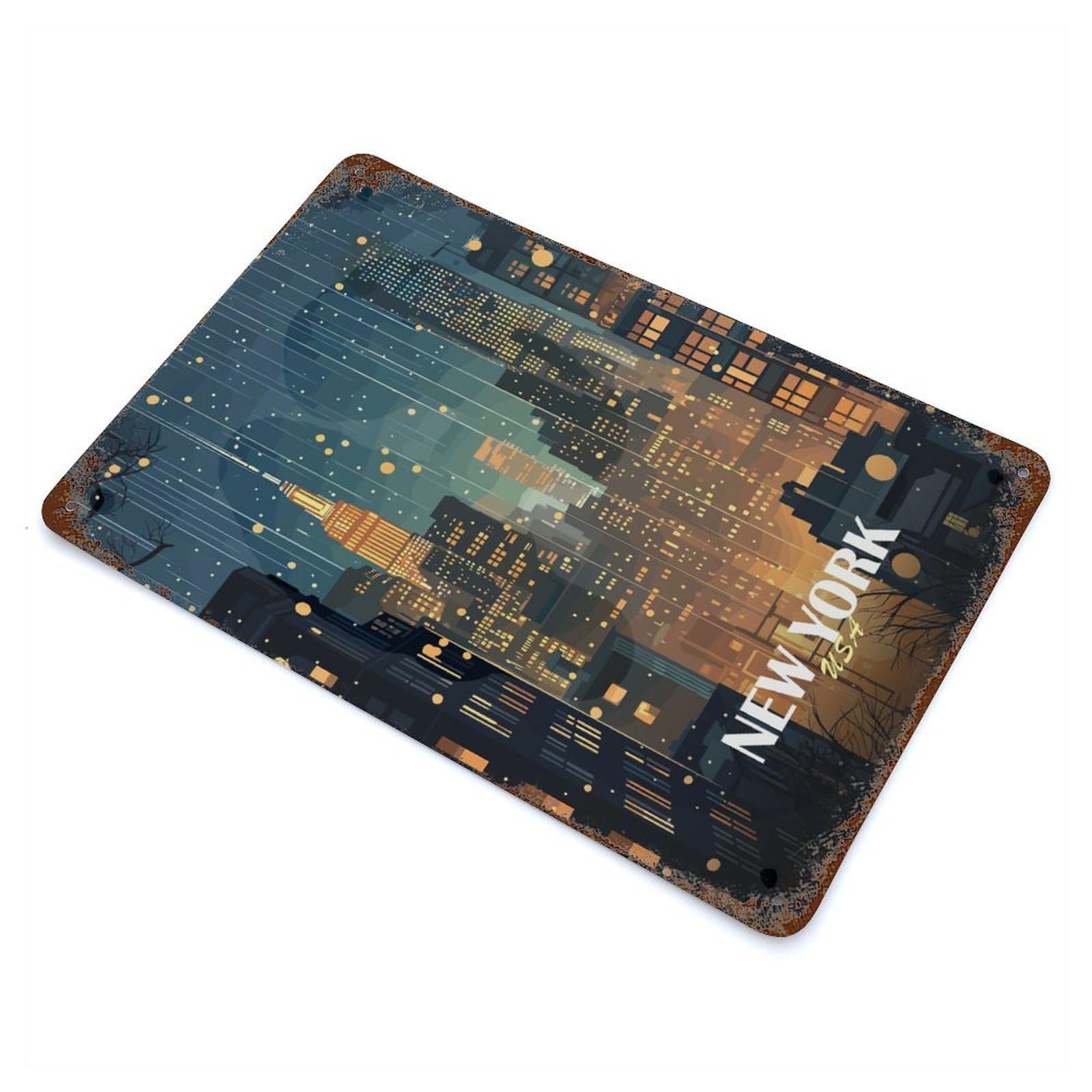 New York Cityscape at Night 11.8"x7.9" Rusty Metal Tin Sign, Novelty Wall Decor for Cafe, Home Bar And Lounge Decor