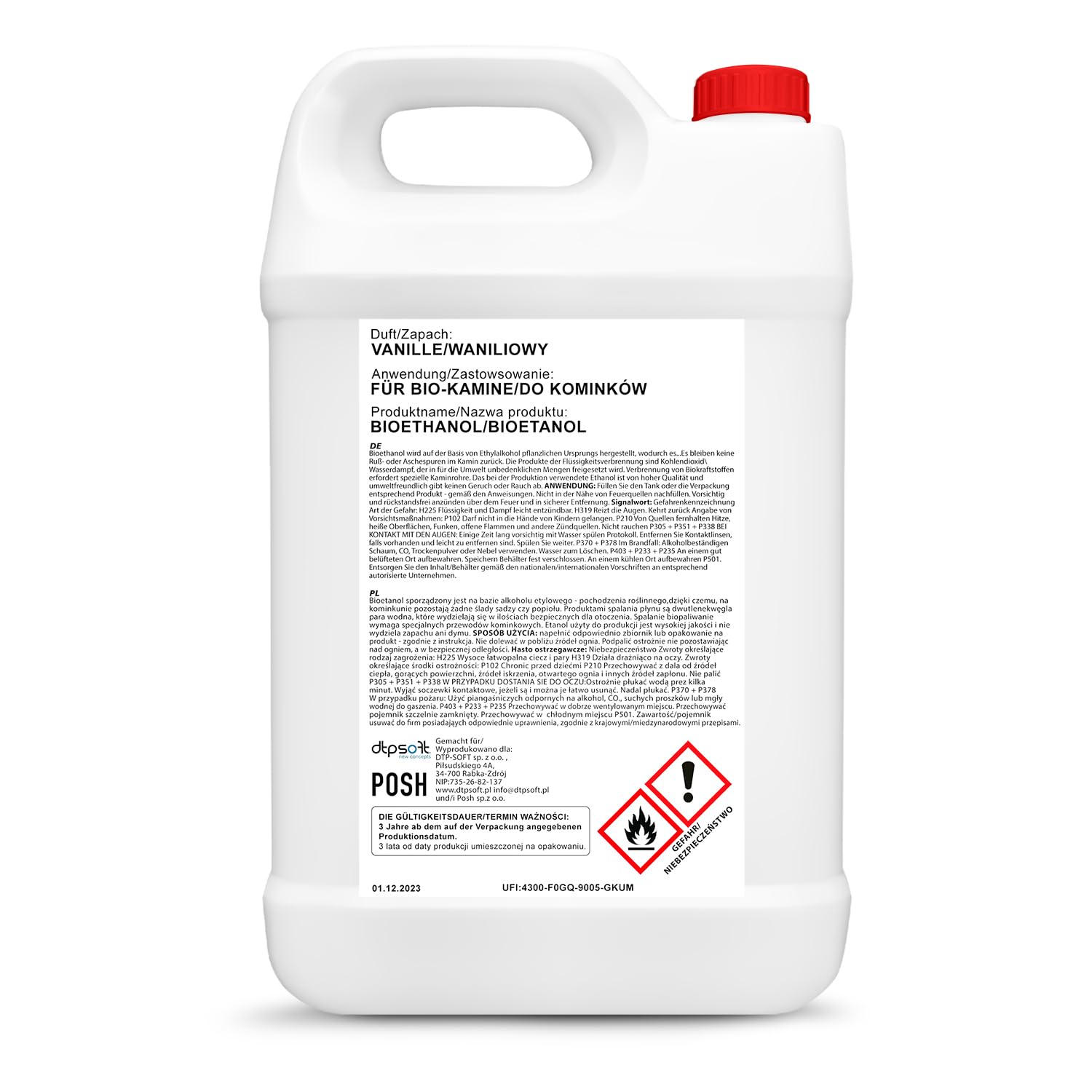 5 litrów bioetanolu Premium 100% do alkoholu do kominka (VANILLEDUFT, 5 l)