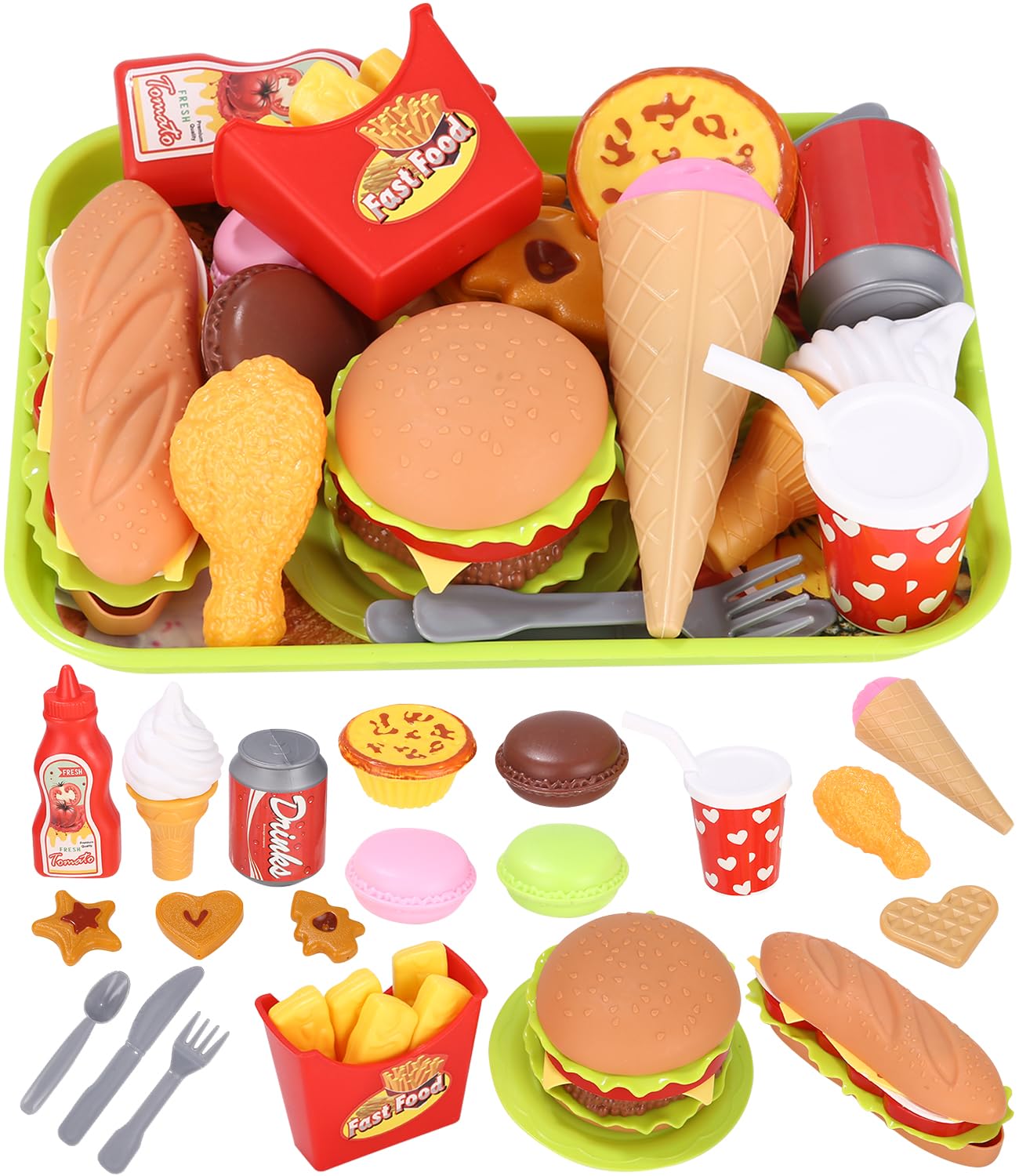 FAOKZE Juguete de Cocina para niños,Comida de Juguetes,Hamburguesa de Juguete Desmontable,Alimentos Accesorios Juguete con Bandeja,Juegos de rol Educativo Regalos para Niños Niñas 3+ Años