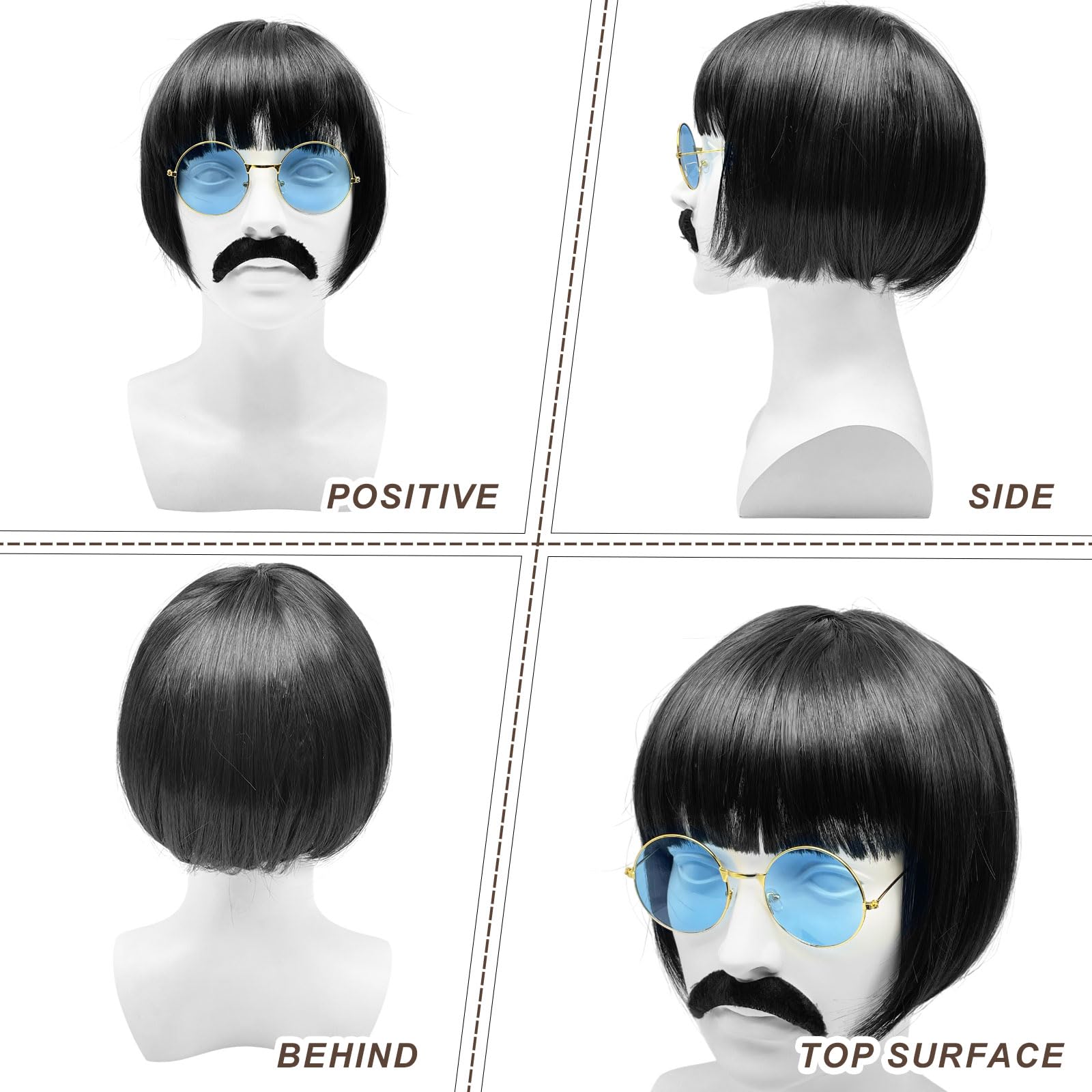 UILYNIU 3 Pieces Black Bob Wig 60s Rock Sergeant Set Black Short Wig Coloured Round Glasses Moustache Fancy Dress Accessory Kit 60s Pop Sergeant Halloween Party Dress Up Wigs - Image 4
