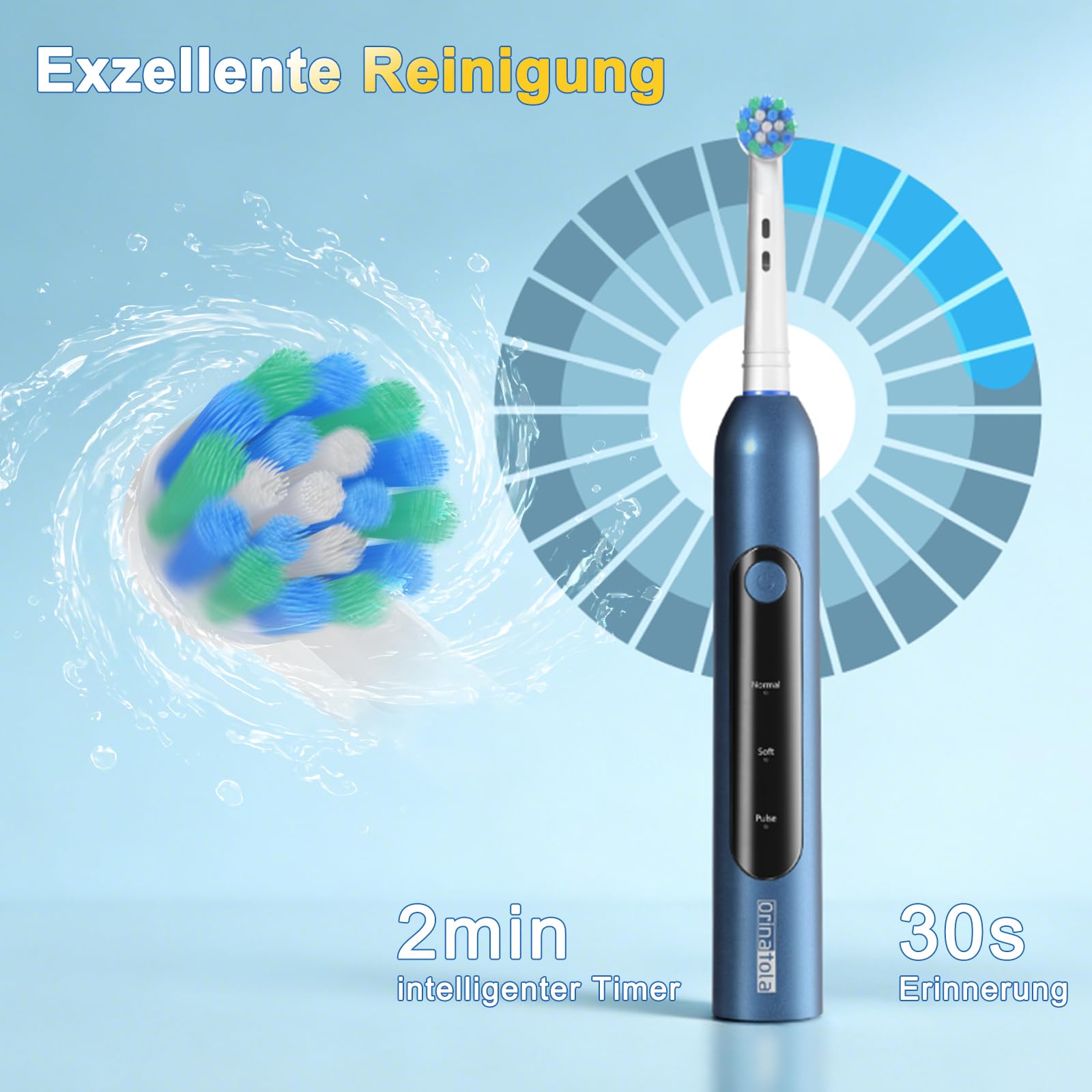 Rotierende Elektrische Zahnbürste für Erwachsene–Mit 8 Bürstenköpfen und Reiseetui, 3 Modi,Wasserdicht IPX7,Wiederaufladbare Elektrische Reise-Zahnbürste,Blau