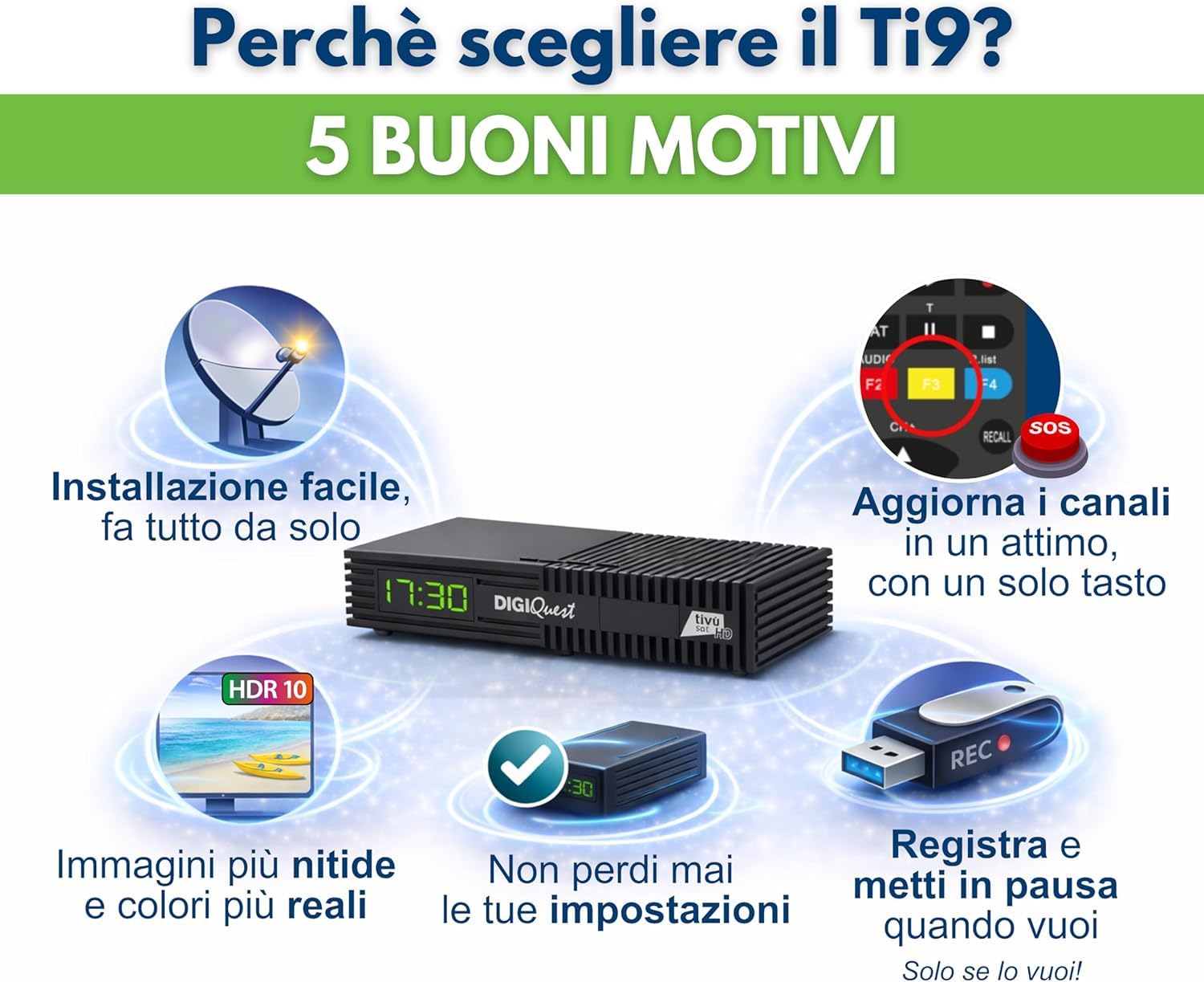 DIGIQUEST Décodeur Tivùsat Ti9, DVB-S2 | VOITURE INSTALLANTE | Double télécommande 2 en 1 dont une avec grandes touches | Carte intelligente Tivùsat incluse | HDR |Fonction d'enregistrement activable
