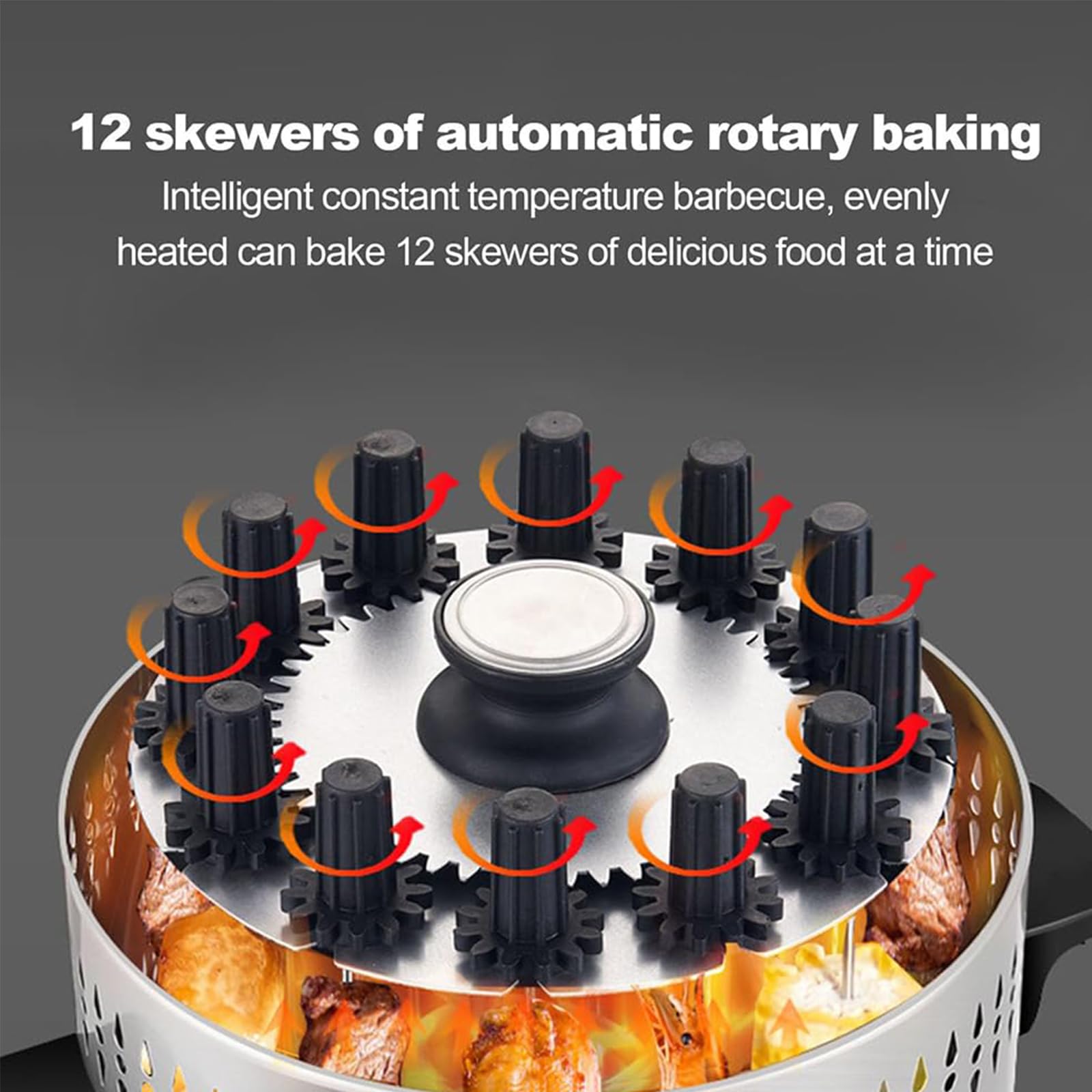 Elektryczny grill bezdymny – obrotowy grill o mocy 1200 W z 12 widelcami, równomierne nagrzewanie i regulowana temperatura – idealny do domowej kuchni restauracyjnej