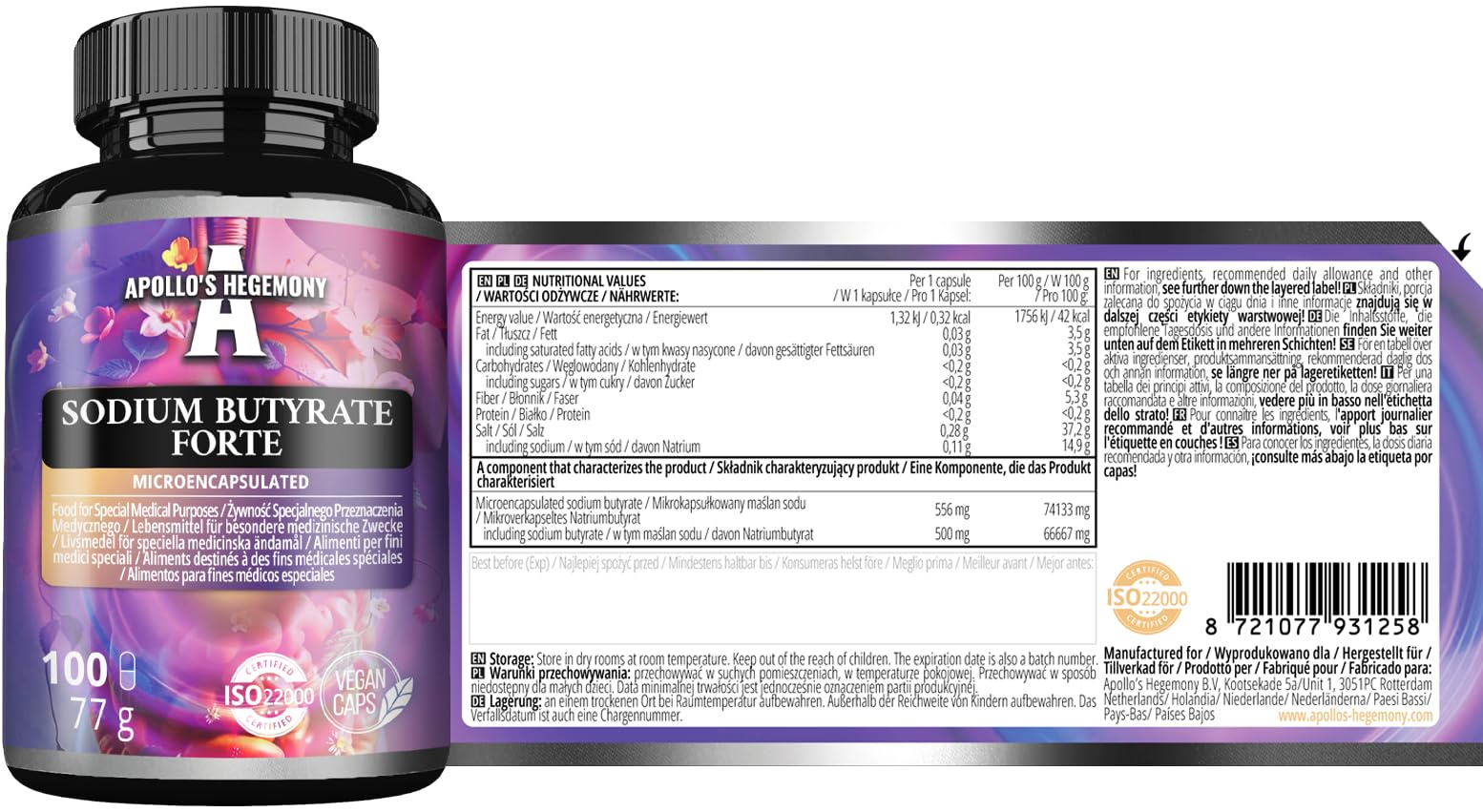 Sodium Butyrate Forte 400 mg (80% Butyric Acid) - 100 Capsules Végétales - 100 jours d'approvisionnement - Supplément pour soutenir la santé de l'intestin - par Apollo's Hegemony