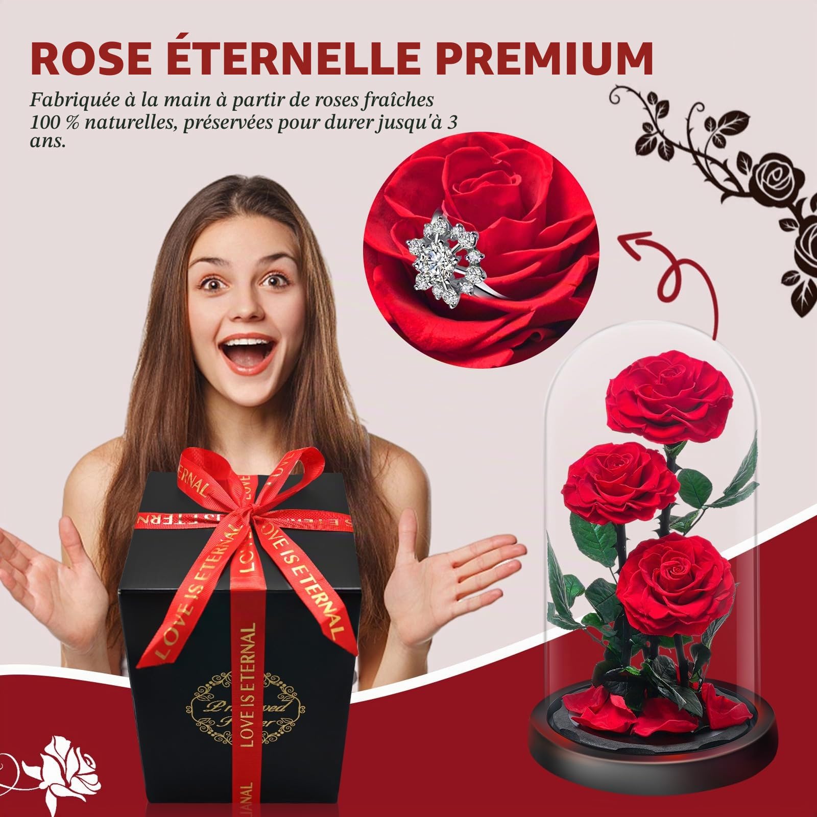 Rose Éternelle sous Cloche, Naturelle Fleur Eternelle Cadeau, Idée Boite Rose Eternel, Cadeau pour la Saint-Valentin, Fête des Mères, Noël, Anniversaire, Femme, Copine, Amie, Maman, Grand Mere