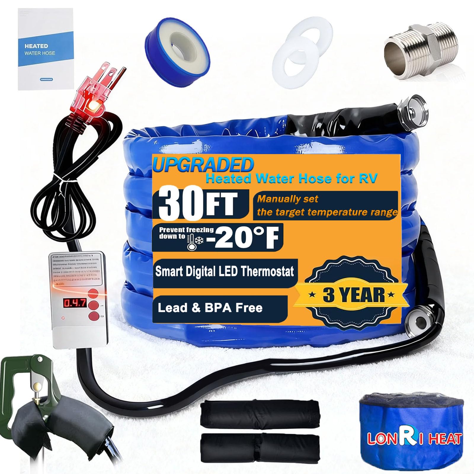 30FT Heated Water Hose for RV | Smart Digital LED Thermostat for Manual Control & Energy Savings | Freeze Protection to -20°F | Lead & BPA Free