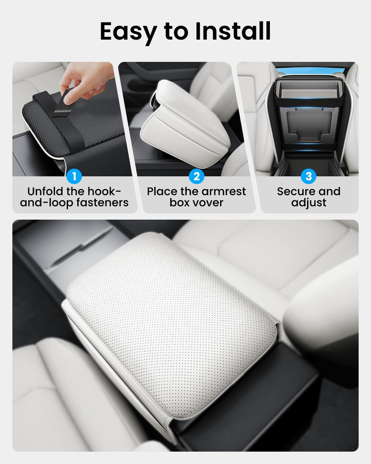 REEVAA 2025 Tesla Center Console Armrest Cover for New Model Y Juniper & Model 3 Highland, with 2 Storage Bags [High-Elastic, Non-Slip] Model 3 / Model Y (2025~2026) Accessories, White