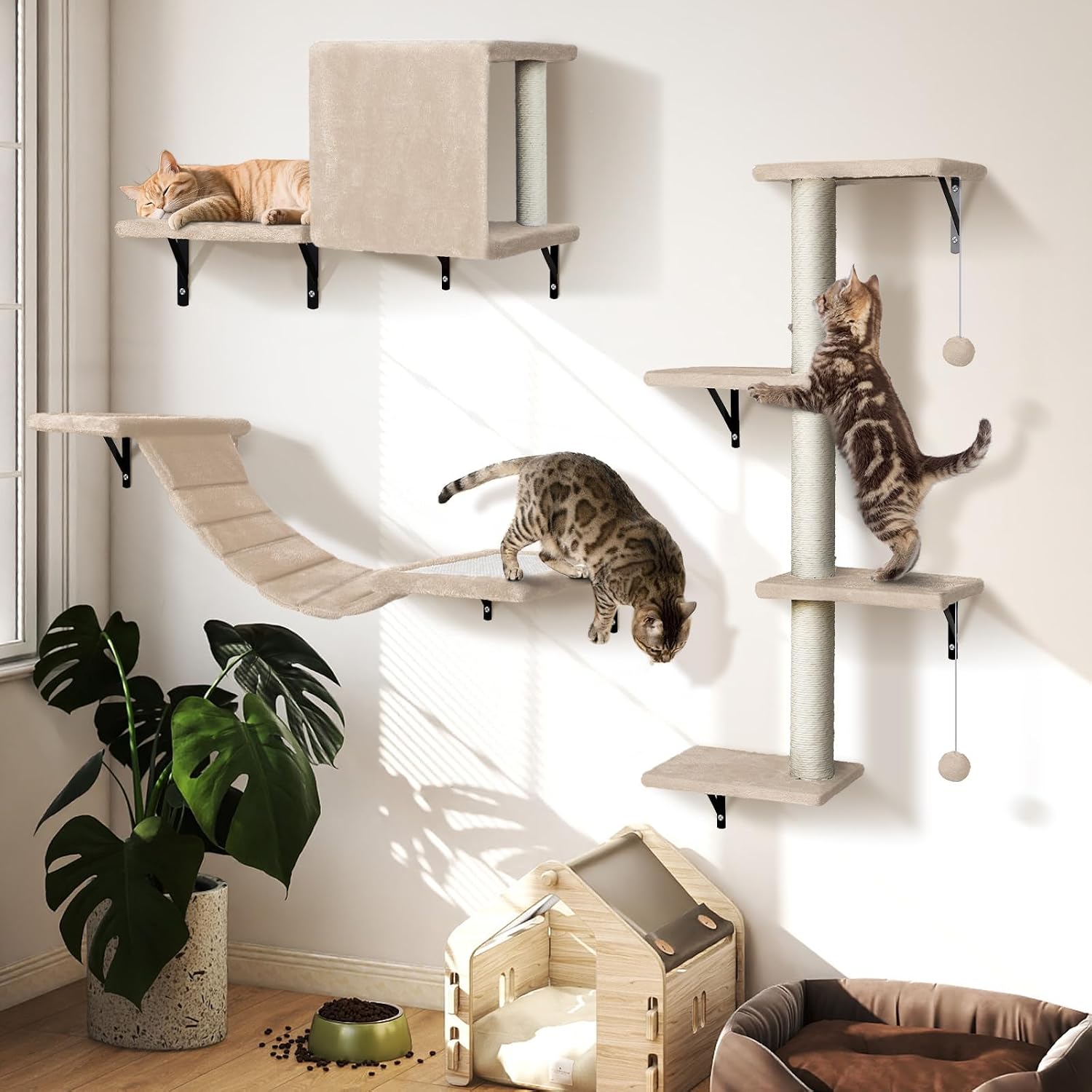 4-in-1 Cat Shelves, Sturdy Cat Wall Furniture, Cat Climbing Wall for Indoor Cats, DIY Cat Wall Shelves with Cat Bridge, Cat bed, Scratching Post, Save space, Beige, Holds Up to 10kg