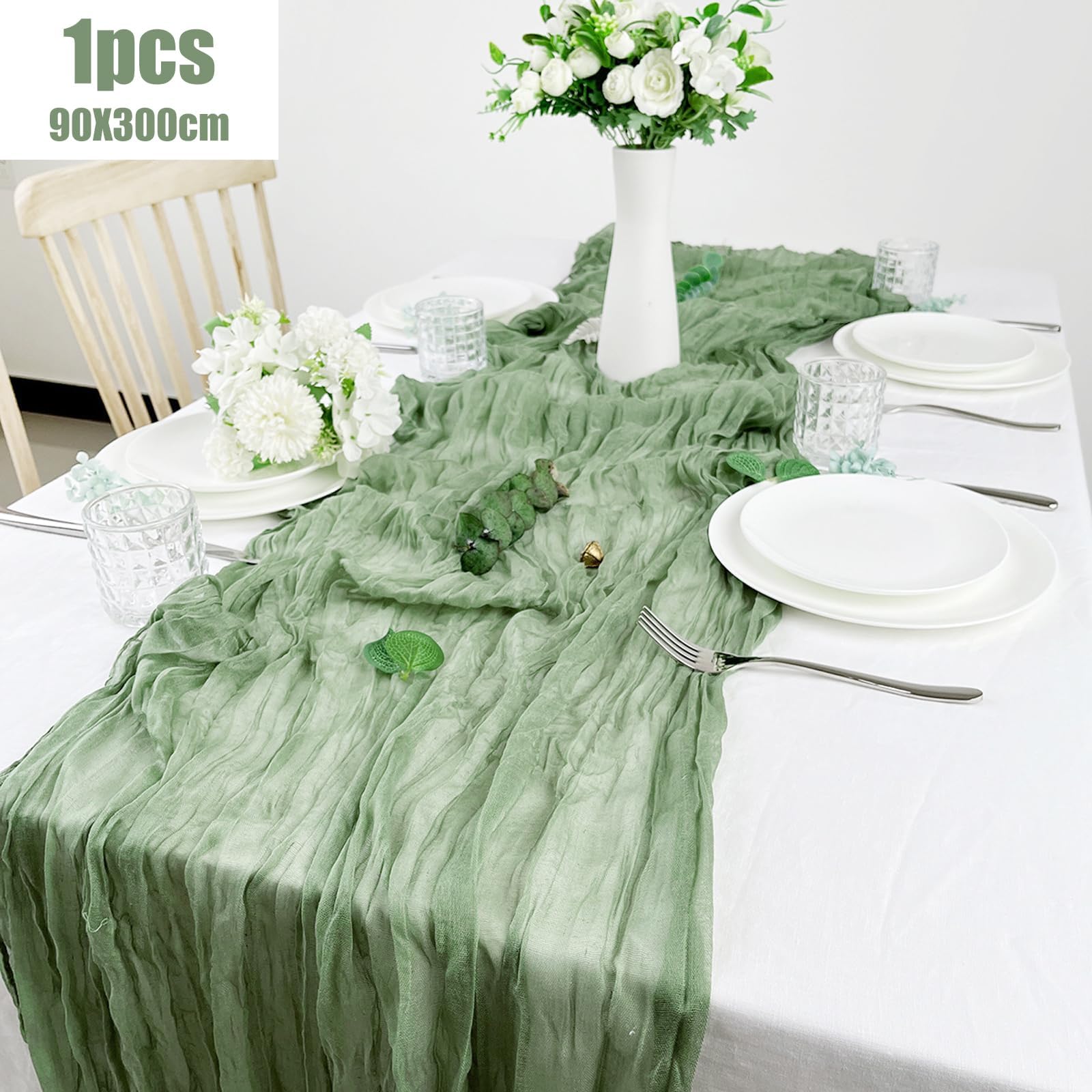 Chemin De Table En Étamine Vert Sauge 90x400 Cm - Tissu Gaze Rustique Mariage Vintage Boho