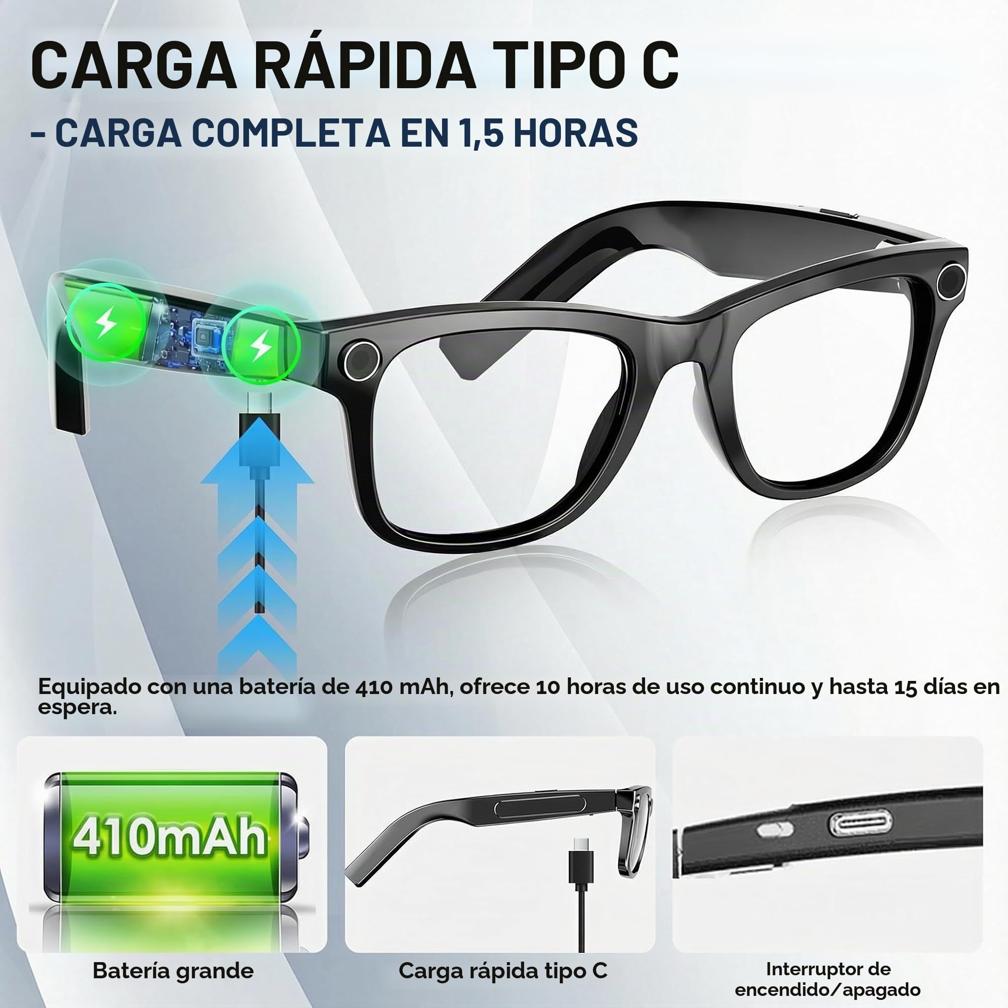 Gafas con Cámara HD, 8MP 1080P Gafas Inteligentes con IA, Procesador de Doble Núcleo con Asistente IA para Traducción en Tiempo Real, 410 mAh Que Ofrece hasta 16 Horas de Autonomía Gafas Inteligentes
