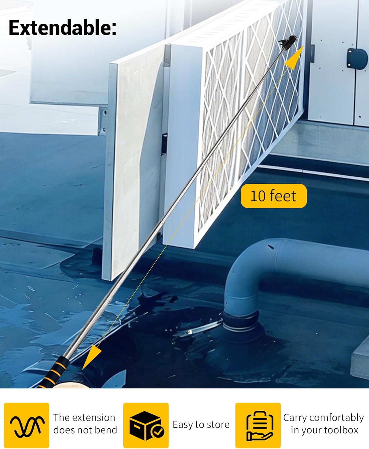 Filter Puller HVAC, Telescoping Air Filter Puller Pusher Tool with Magnetic Tip, the Push Rod Extends up to 10 Feet, Compatible with Various Types of Commercial HVAC Equipment