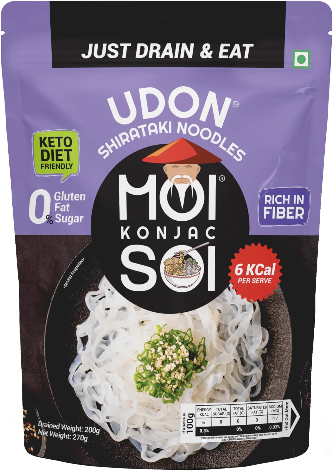 MOI SOI Shirataki Udon Noodles, 250g | Low Carb 6Kcal Only | Keto Friendly | Gluten Free | Vegan Friendly | Good for diabetics | Low Calorie Konjac Miracle Noodles | Fat-Free | Ultra-Low Calorie Konjac Miracle Noodles