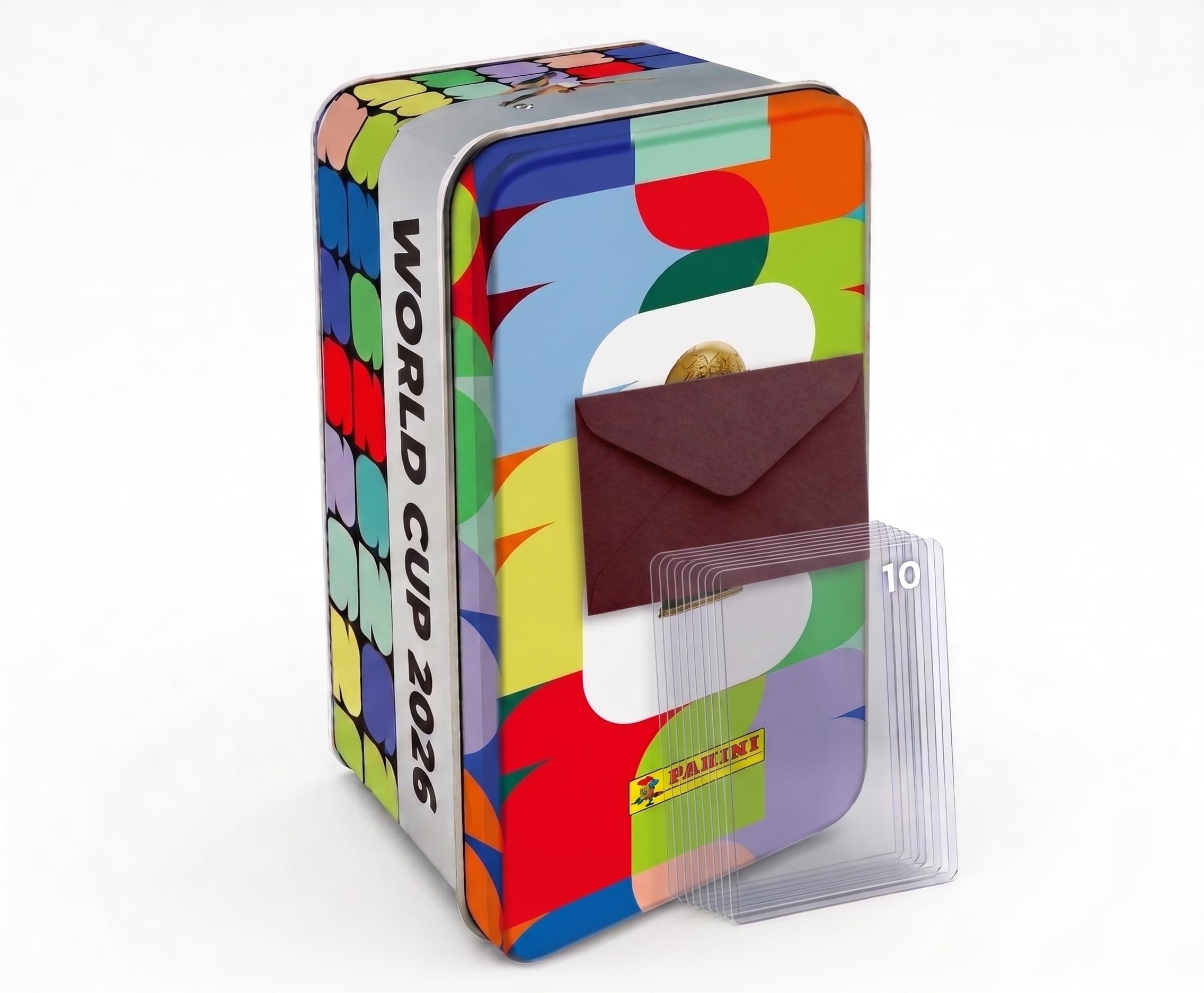 Caja Metálica Oficial Panini Mundial 2026 – Tin Box con 16 Sobres Oficiales, 10 Fundas Premium y 1 Toploader Rígido, MULTICOLOR