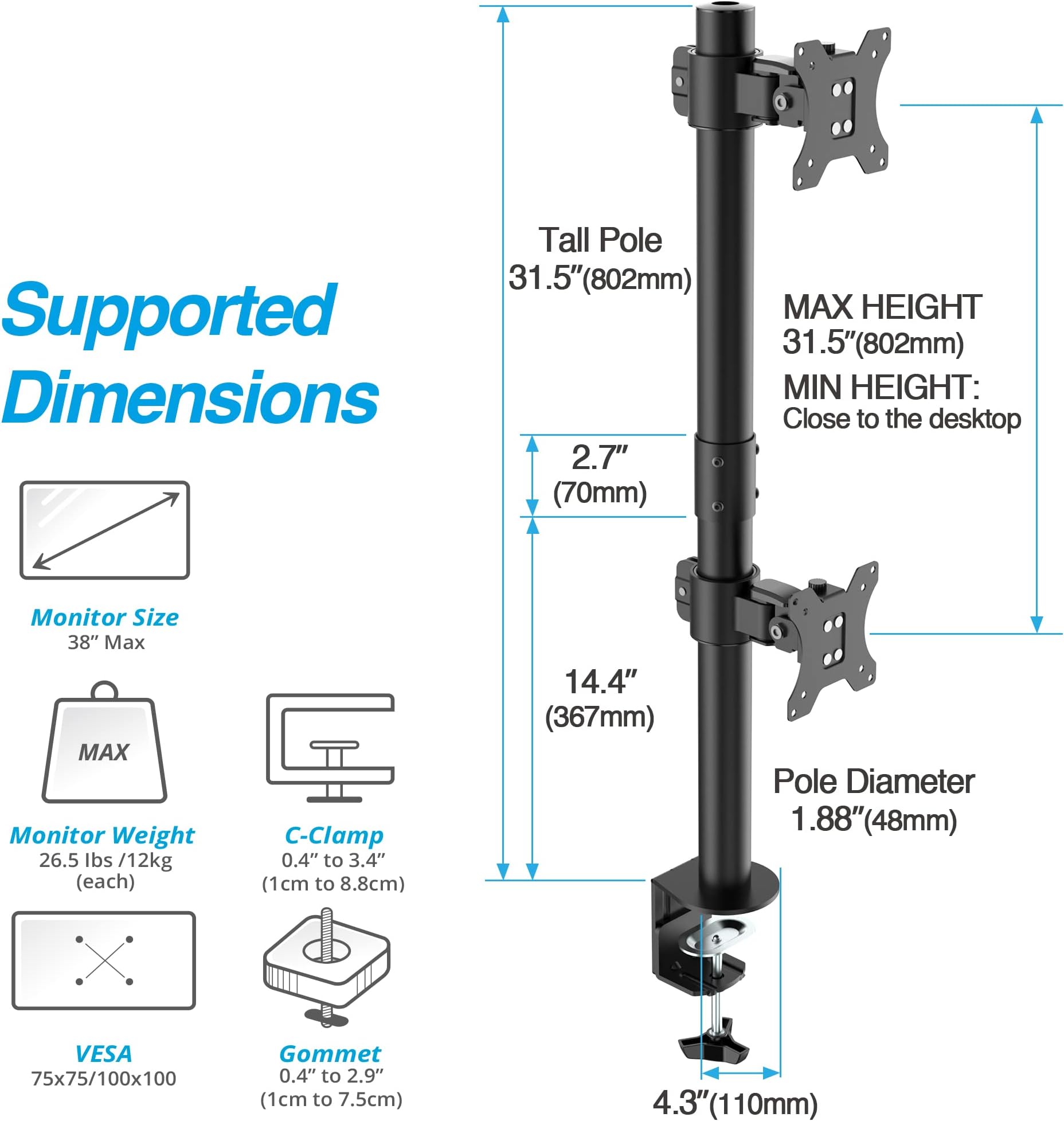 AVLT 38" Vertical Ultrawide Monitor Mount Stand Two Stacked 26.5 lbs Screens on Heavy-Duty Pole Save Workspace with Fine-Tune Height Tilt Swivel Rotate Adjustment C-clamp and Grommet Mounting Base