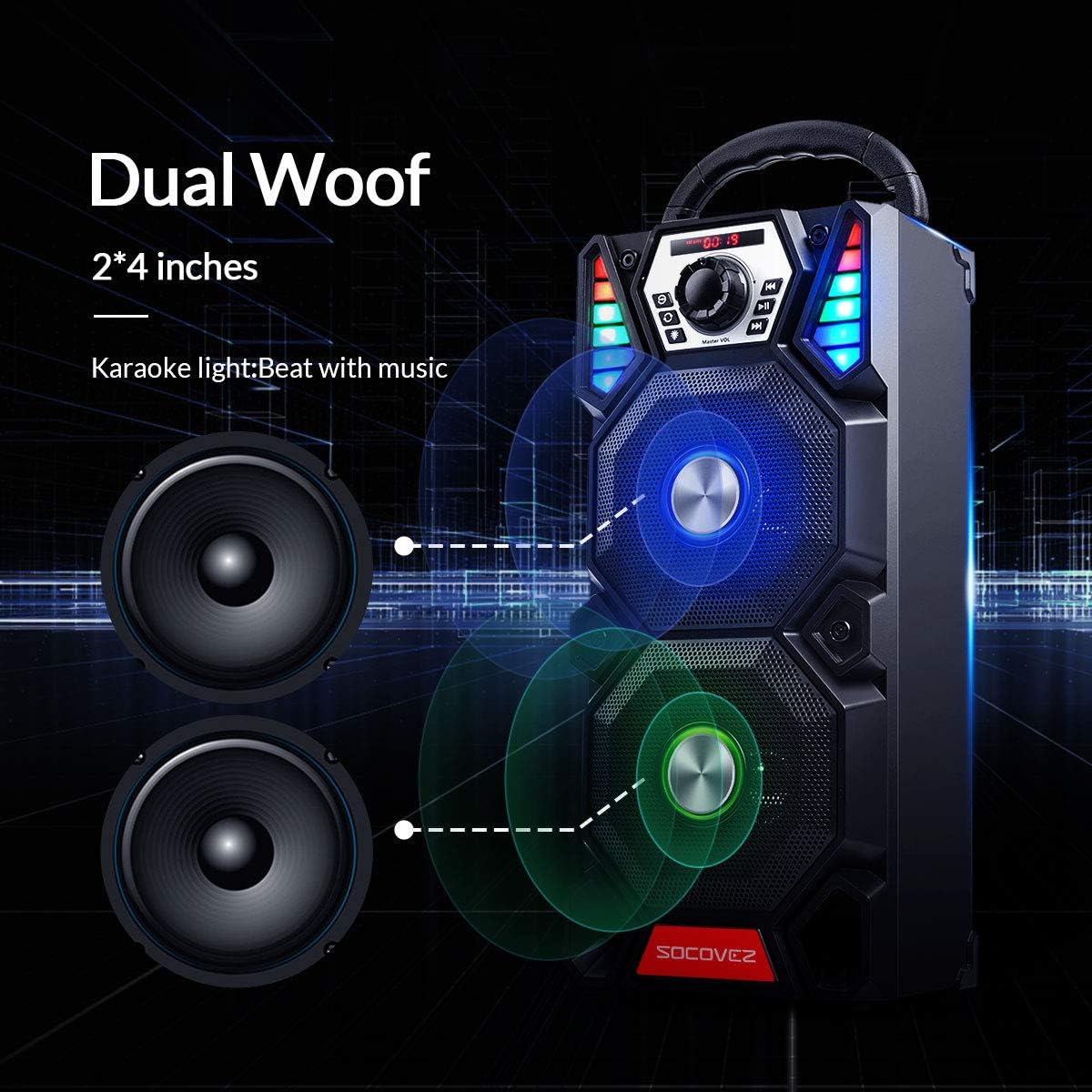 [Upgraded] SOCOVEZ Portable Bluetooth Speaker with Double Subwoofer,Bluetooth Speaker with Audio Recording/LED Light/TWS, Portable Speaker Support MIC/AUX/USB/Micro SD Input，Perfact for Party