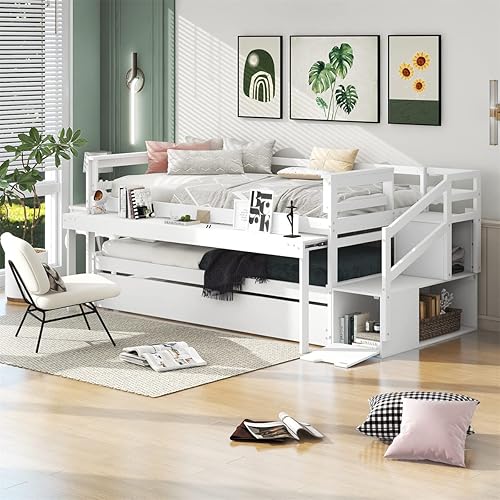 Miniatura 4 de Daybed with Storage Staircase and 2 Open ShelvesTwin Size Low Loft Bed Wood Daybed Bedframe with Double Trundle for 3Space Saving Bedroom Furniture