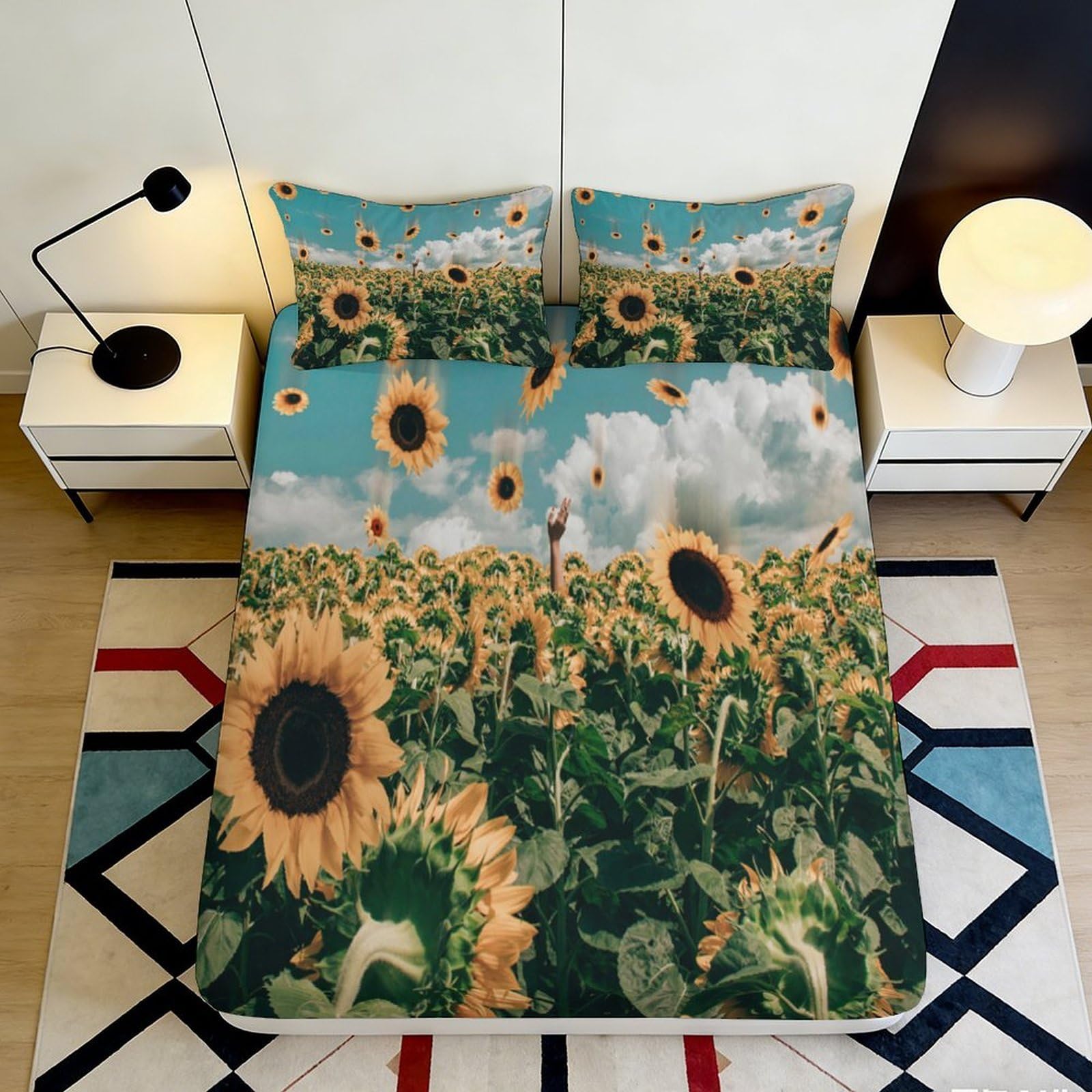3D Printed Sunflower Field Fitted Sheet Microfiber Soft Breathable Sky Clouds Mattress Cover for Bedroom Decor 90x200x25cm