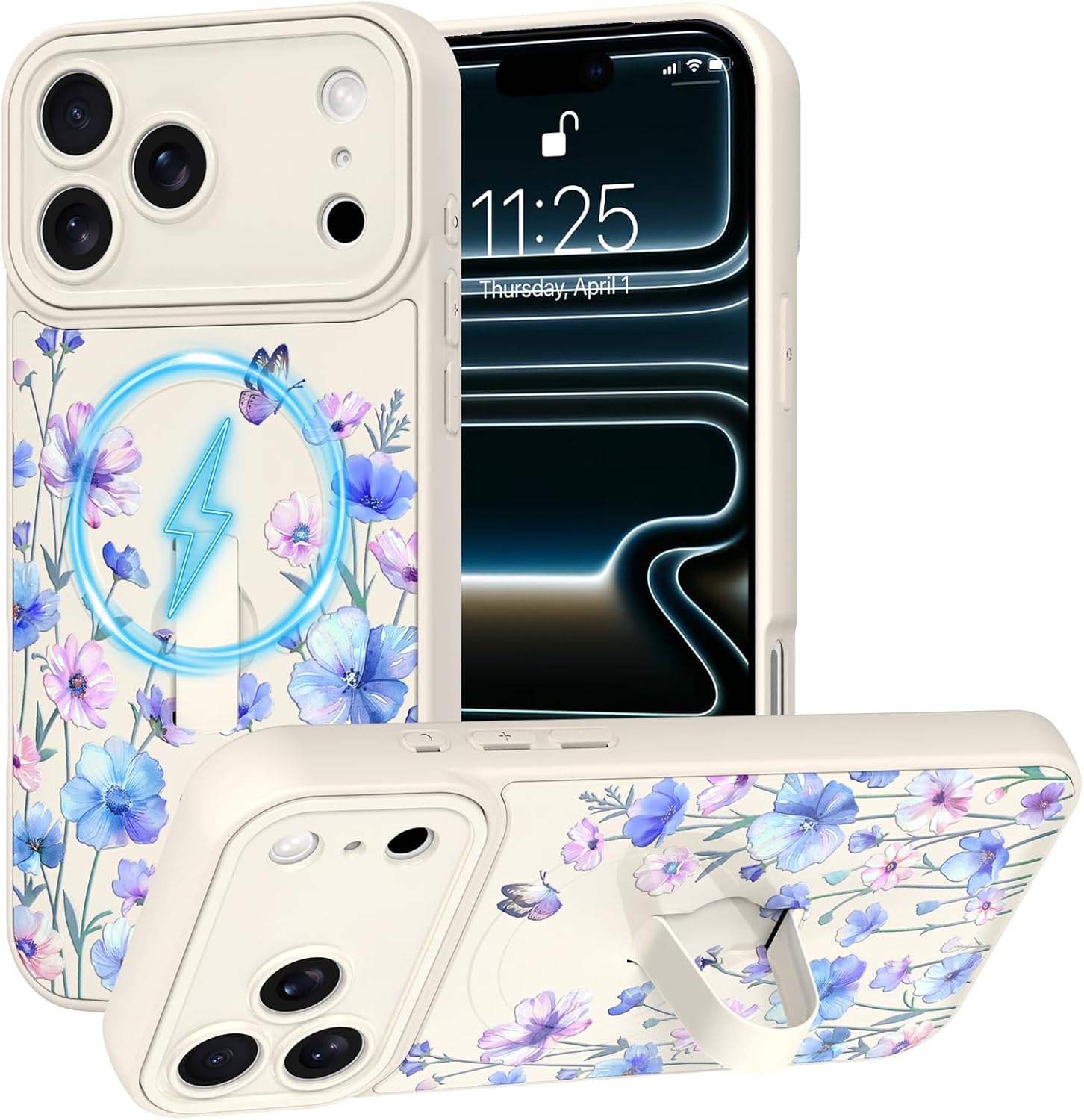 for iPhone 17 Pro Max Case with Kickstand Finger Strap, Compatible with MagSafe, Cute Flower Pattern with Stand for Girls Women, Full Camera Protection Hard Back Cover, White Floral