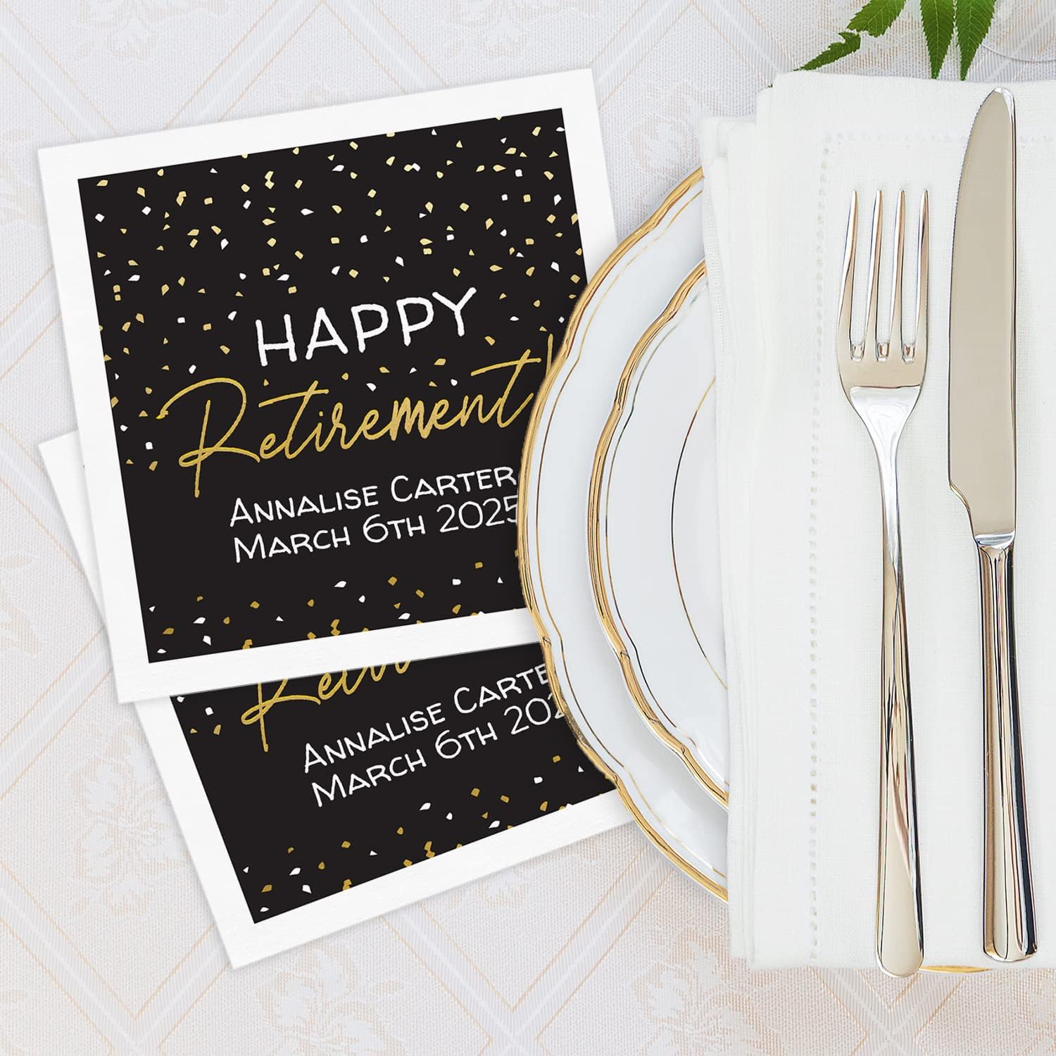 Happy Retirement Personalized Beverage Napkins / 100 Custom Cocktail Napkins/Black And Gold Confetti Design/Retired Surprise Party Supplies