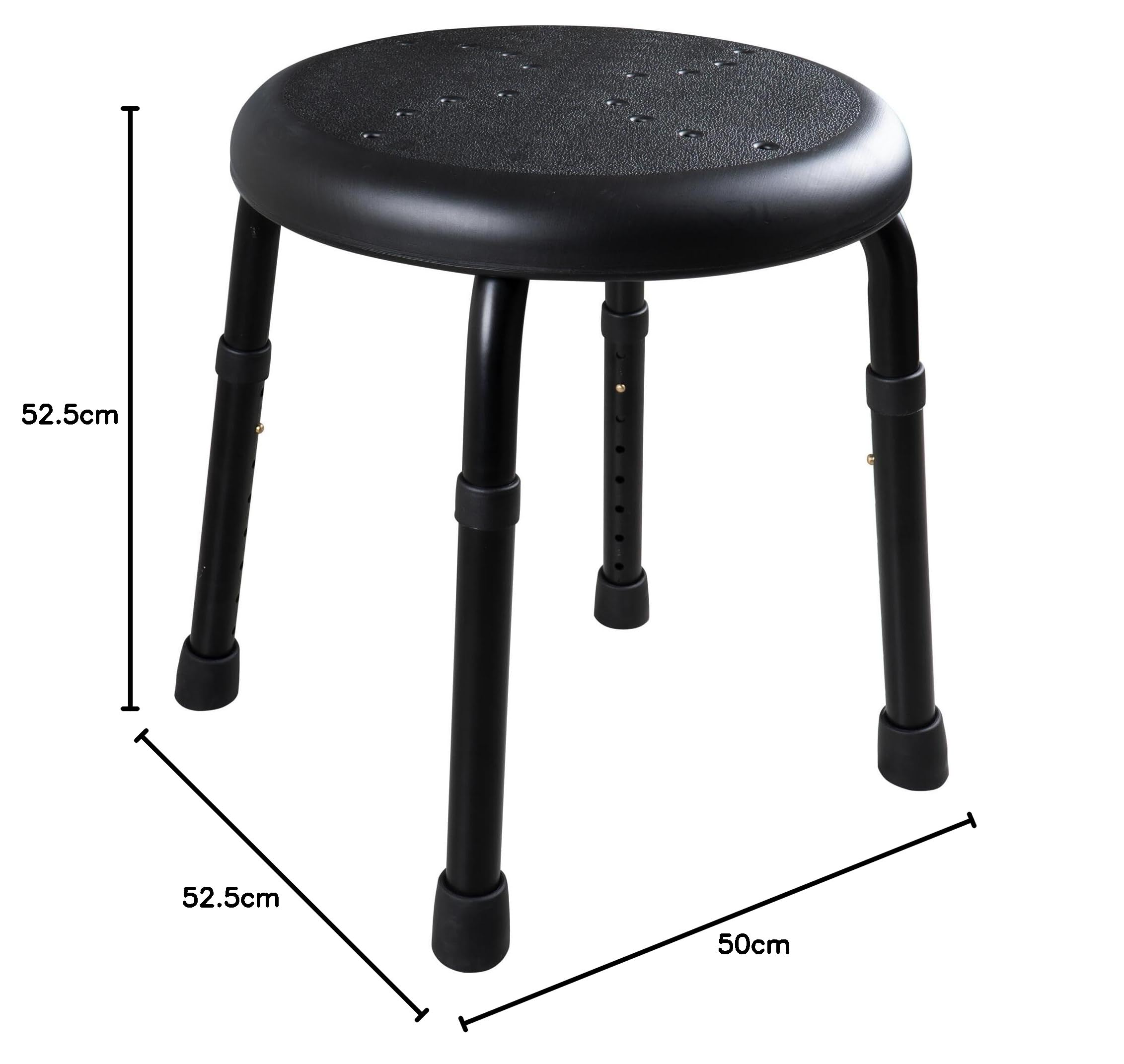 RIDDER – Bad-Hocker Go, Ø 50x34,9-52,5cm, schwarz, Aluminium/PE/TPR | Höhenverstellbarer Duschhocker mit rutschhemmender Sitzfläche. Stabiler Badehocker | Belastbar bis 150kg