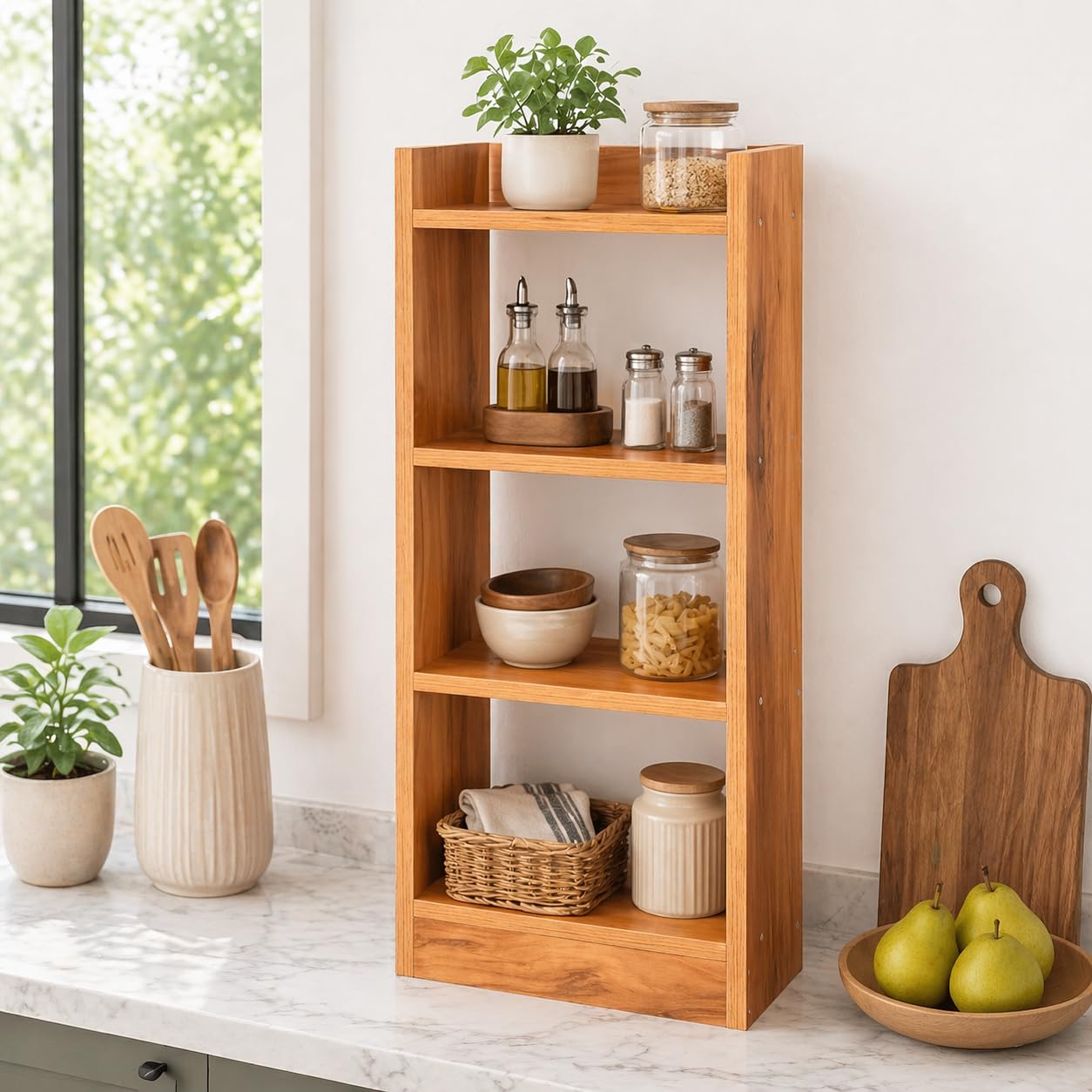 3 Layer Wooden Open Bookshelf Multipurpose for Home Rack Showcase Organizer for Living Room I Study Room | Kitchen (Warm Wood, 32 x 9 x 14)-image-8