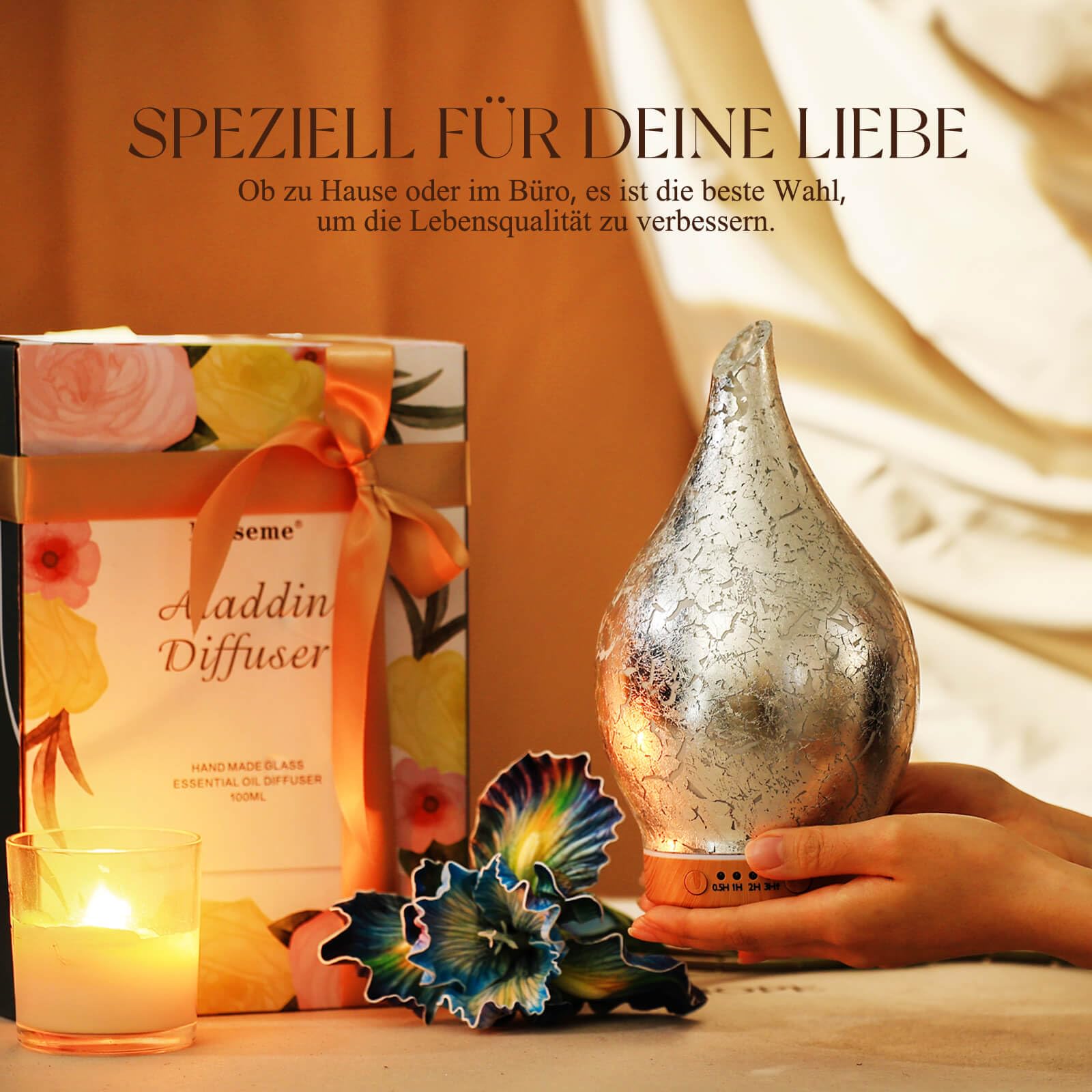 Porseme Aromadiffuser, luchtbevochtiger, 150 ml, handgeblazen 3D- luchtbevochtiger, ultrasoon, stil, 7 kleurwisselende leds, kamerbevochtiger, BPA-vrij, voor woning, yoga, SPA met timer, zilver