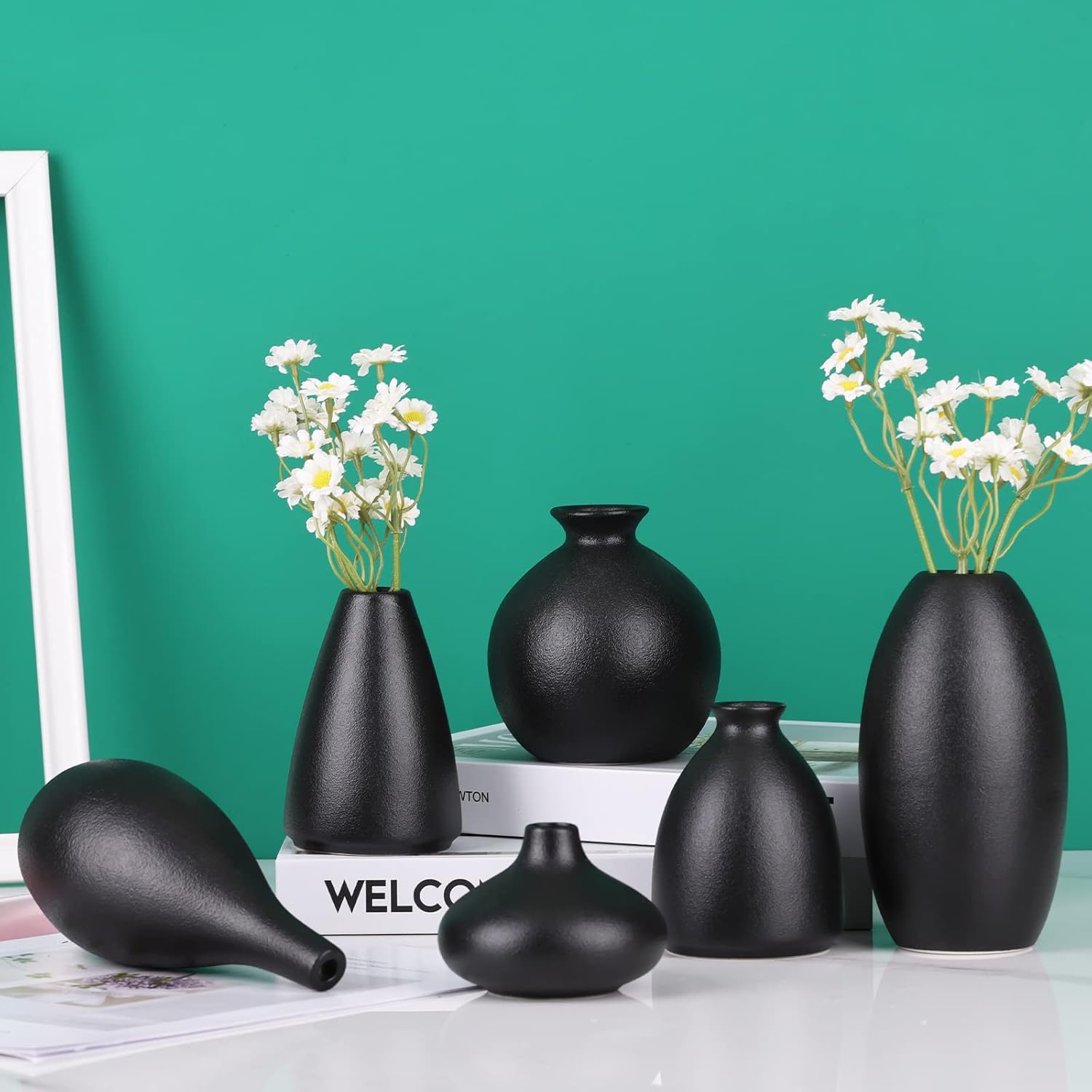 Set of 6 Matte Black Small Vases for Flowers, Ceramic Bud Vase Bulk Boho Centerpieces for Tables, Mini Short Vase Modern Bulk Wedding Centerpieces Ikebana Vases for Bridal Shower/House Warming Gift - Image 6