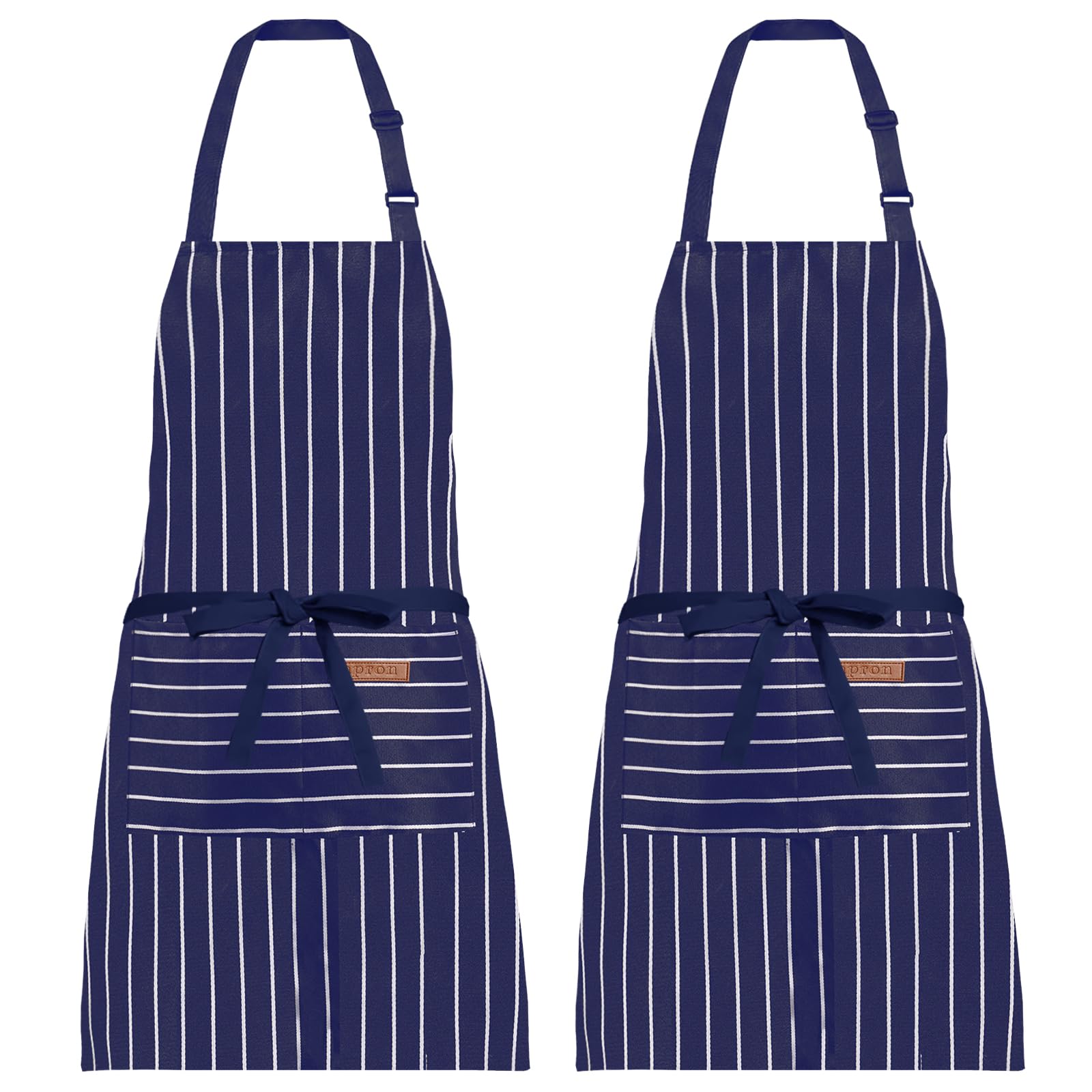 XIEJINJIA 2 Pack Adjustable Bib Apron with 2 Pockets Long Ties Cooking Kitchen Restaurant Chef Aprons for Women Men (Navy Blue Stripe)