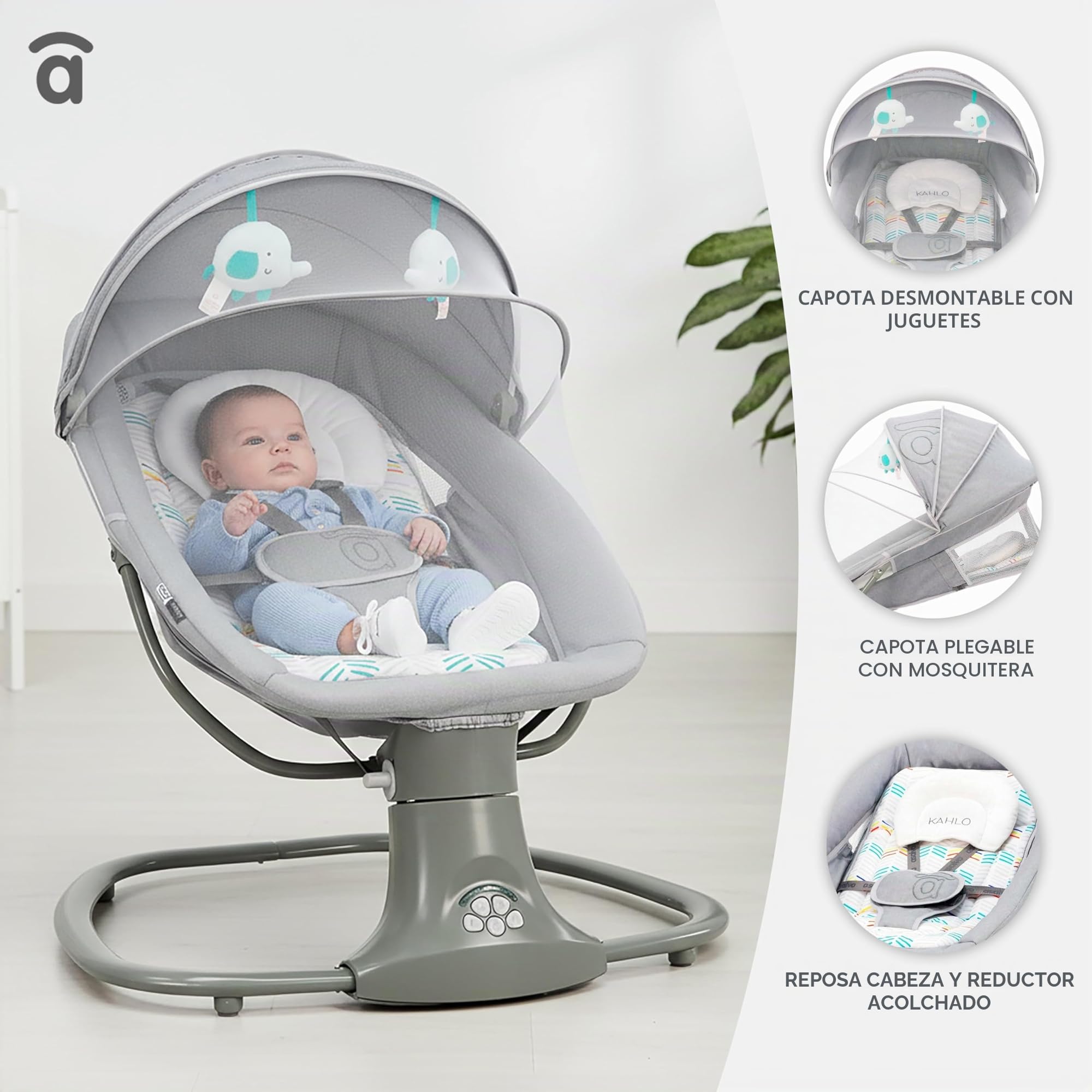 Asalvo Kahlo Hamaca Balancín con Música y Bluetooth, Balanceo Automático 5 Niveles, Capota con Mosquitera, Juguetero con 2 Juguetes, reposa Cabezas, Desde 0 Meses hasta 9 Kg, Textil Lavable, Gris