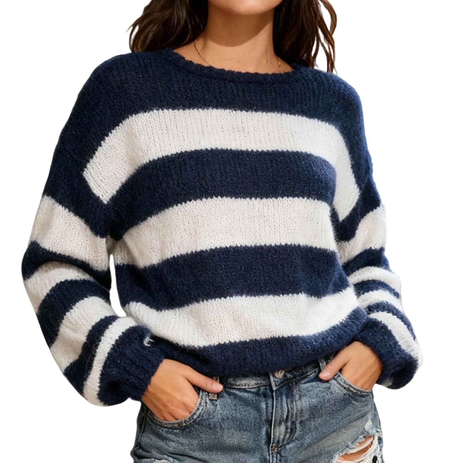 Women Striped Knit Sweaters 2025 Oversized Fall Winter Drop Shoulder Color Block Long Sleeve Loose Fit Pullover Tops