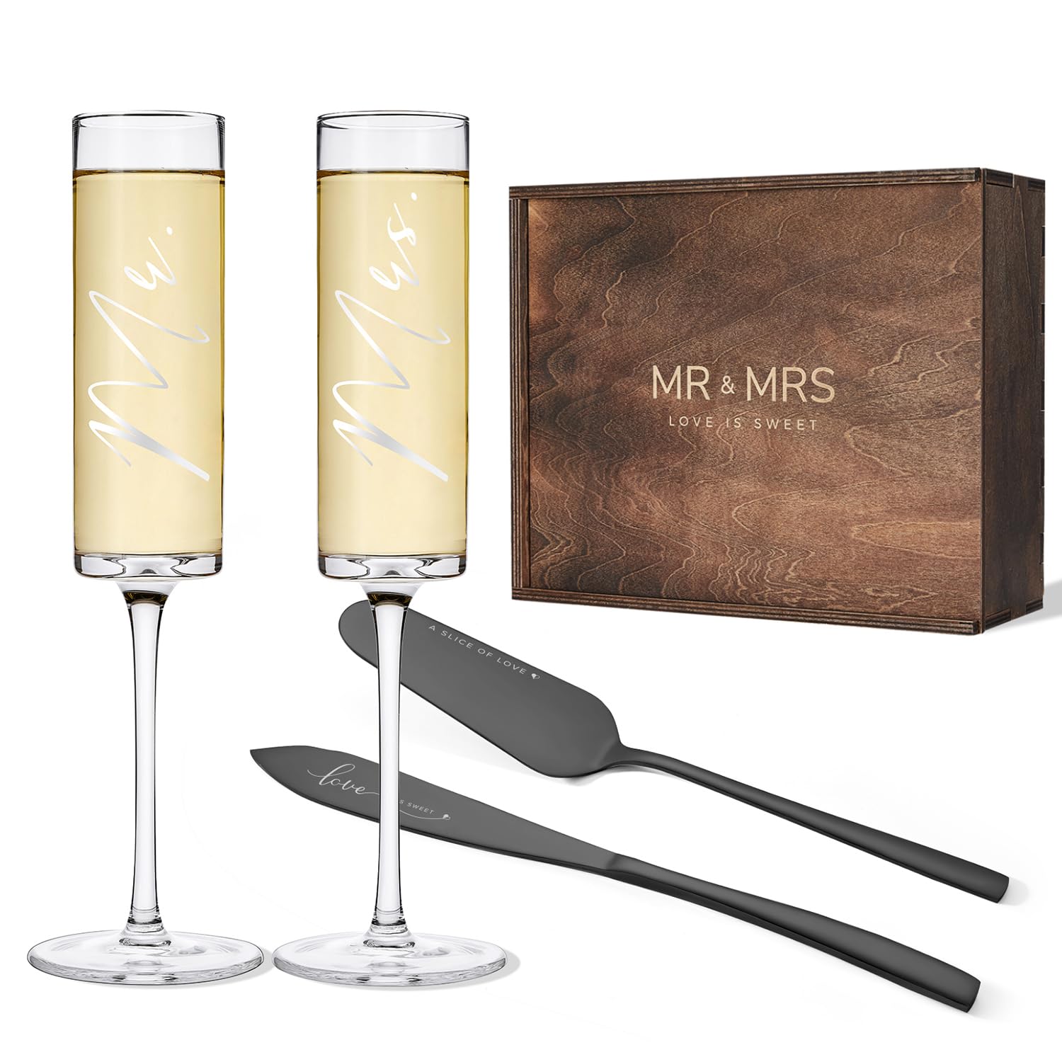 AW BRIDALChampagne Flutes for Mr and Mrs Champagne Glasses for Couple, Wedding Cake Cutting and Serving Set Wedding Gifts Anniversary Wedding Engagement Gift for Couples