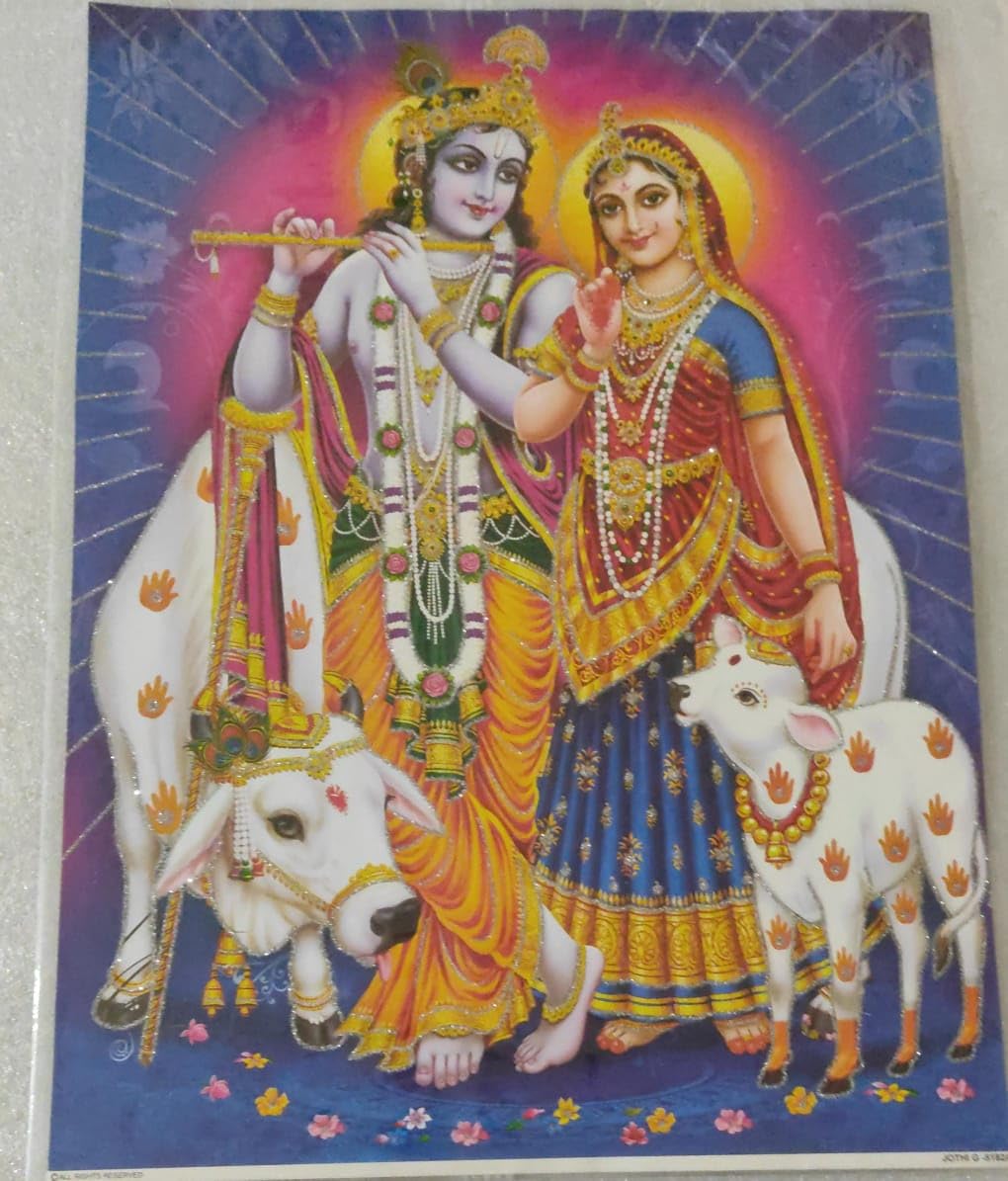 Radha Krishan Ji with Gaiyan Janmastmi Festival Postar Indian Religious Krishna Ji Poojan Item Pack Of 1