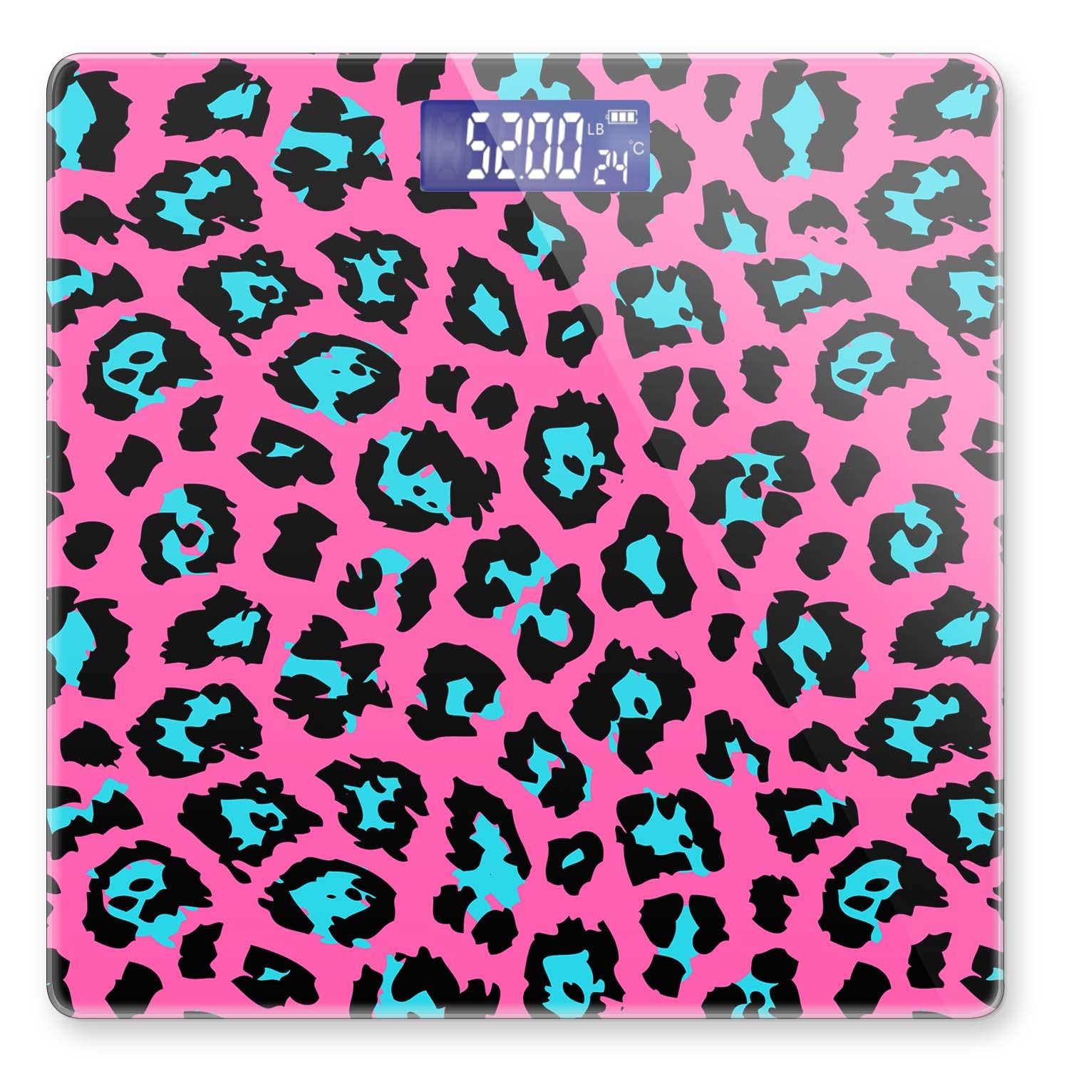 Báscula de peso digital para peso corporal, báscula de baño, báscula personalizada para peso corporal 400 libras con pantalla grande retroiluminada fácil de leer - leopardo rosa