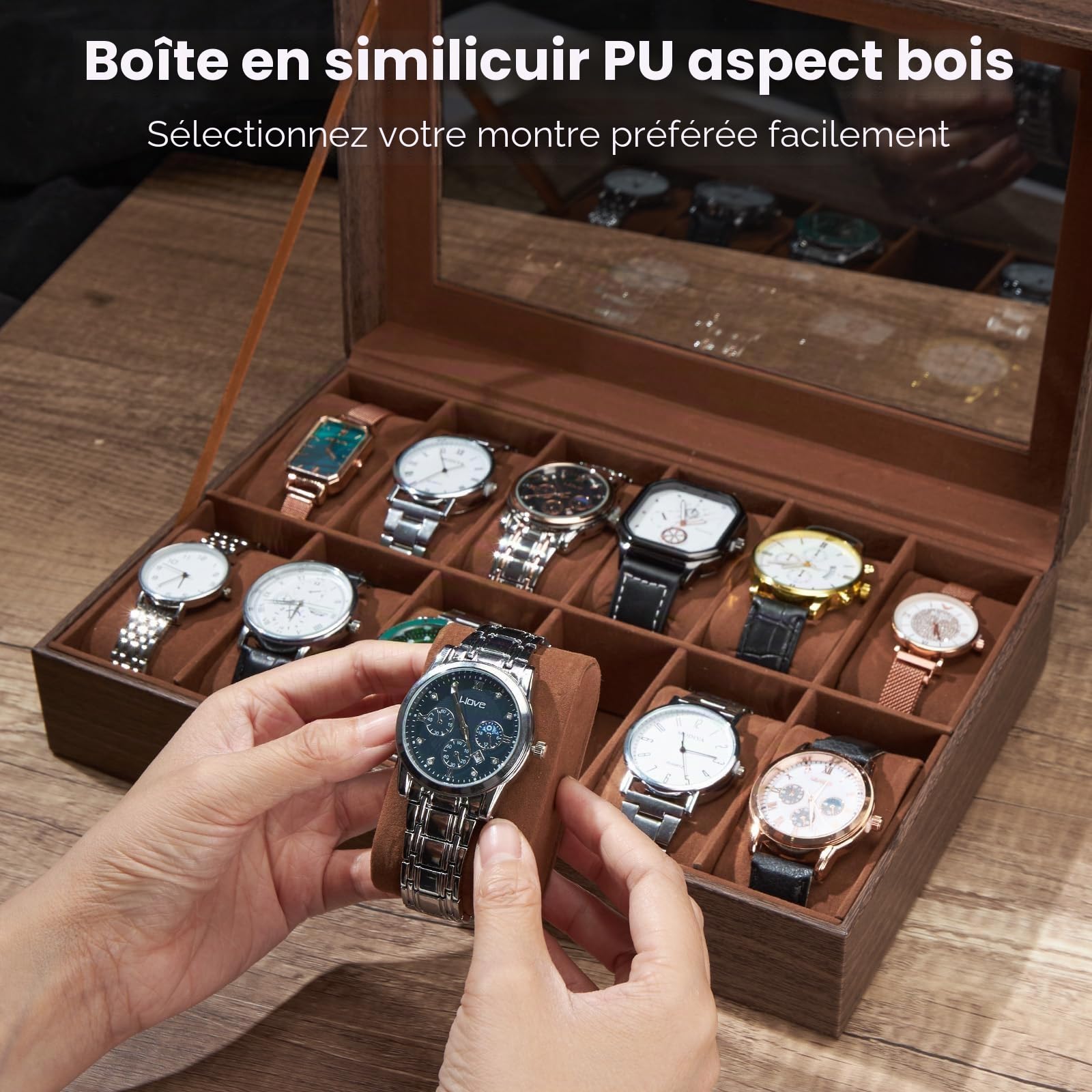Ohuhu Boîte à Montres à 12 Emplacements, Coffret à Montres avec Couvercle en Verre et Coussins Amovibles en Velours, Boite a Montre Homme, Cadeau pour Anniversaire Fête des Pères Noël