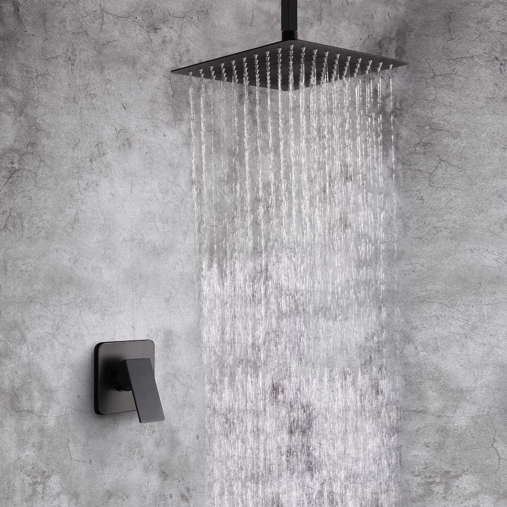 Best Deal 🛒 Ceiling Mount Shower Only Faucet Set Matte Black Bathroom Rainfall Shower System with 10 Inch Shower Head and Handle Set Single Function Mixer Shower Trim Kit with Rough-in Valve