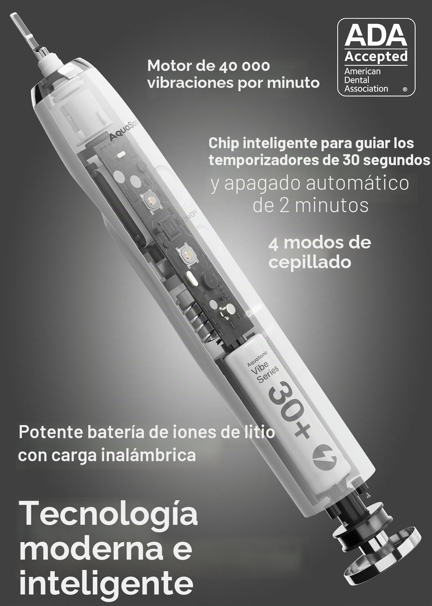 AquaSonic Vibe Series cepillo de dientes para un blanqueamiento extremo, aceptado por la ADA, con 8 cabezales y estuche viaje, motor ultrasónico carga inalámbrica, 4 modos temporizador inteligente