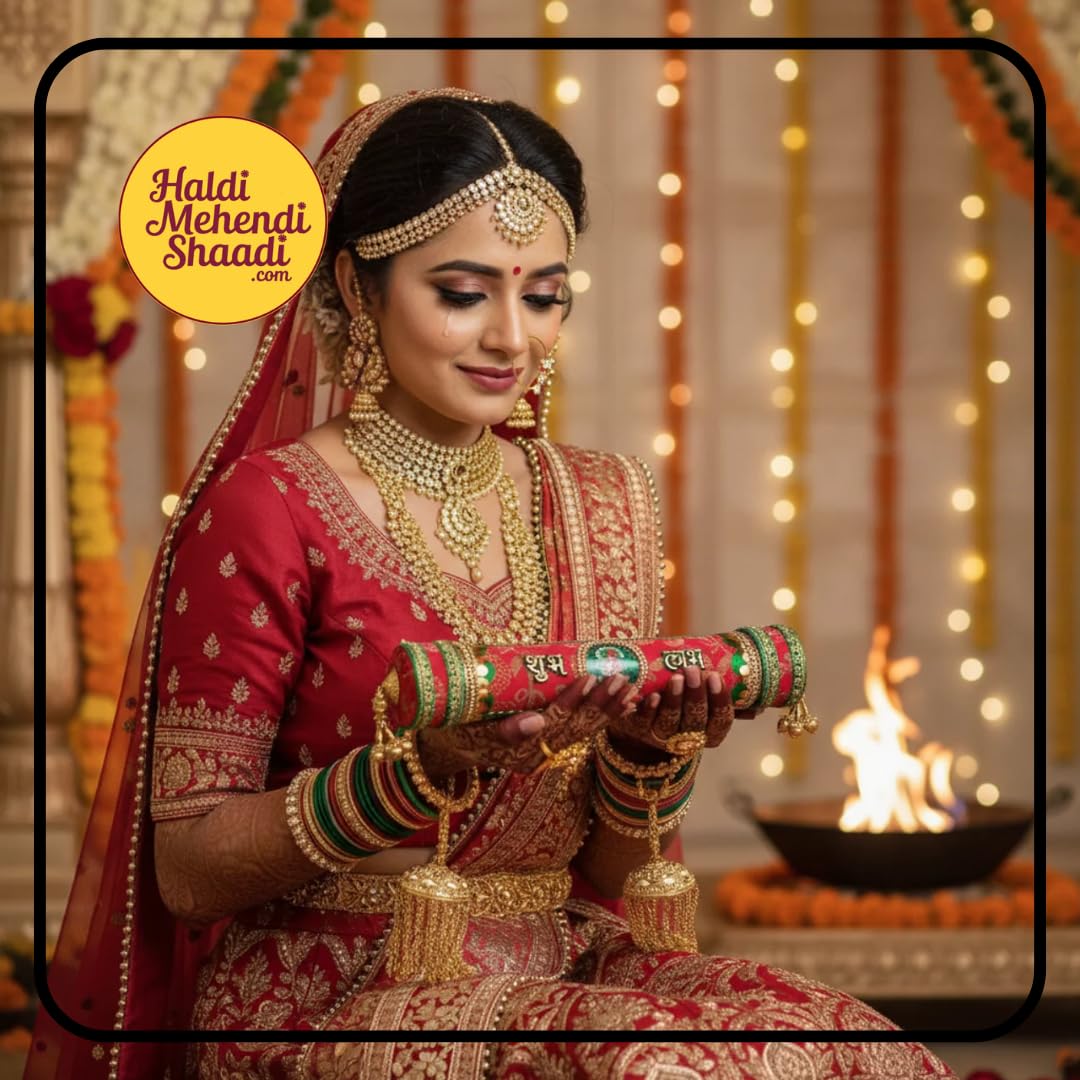 HALDI MEHENDI SHAADI Velvet Wedding Invitation Scroll Box with Gold Brass Frame, Ganesh Design, 29cm, Traditional Marriage Patrika with Tassel (Red Gujarati) 1