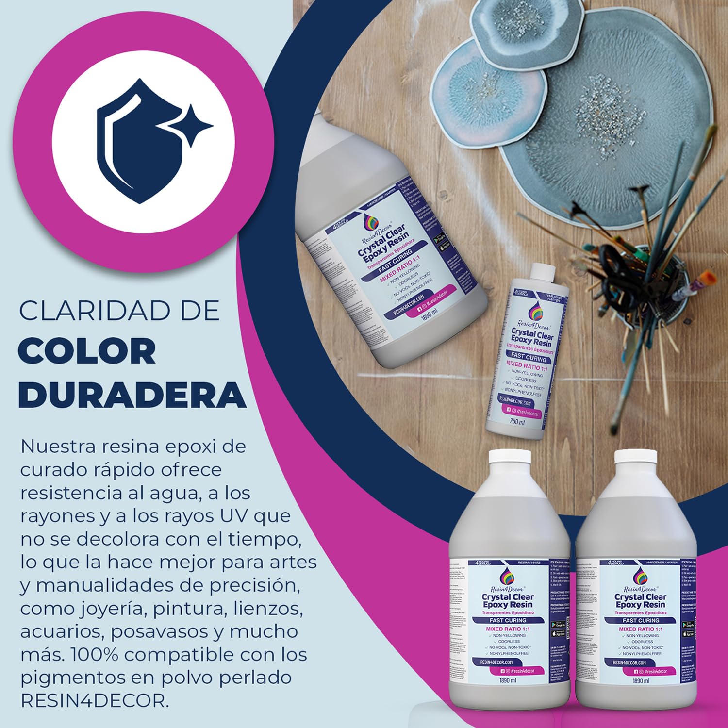 Resina Epoxi Transparente de Curado Rápido (4h desmoldado) RESIN4DECOR 1:1 Resina y Endurecedor Para Manualidades Fabricación de Joyas No Amarillea Acabado de Alto Brillo Resistente al Calor - 3780ml