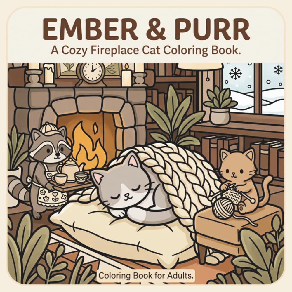 Ember & Purr: A Cozy Fireplace Cat Coloring Book: 30 Warm Illustrations of a Sleepy Café Cat by the Fire, Cozy Bookshelves & Charming Friends for Adult Relaxation