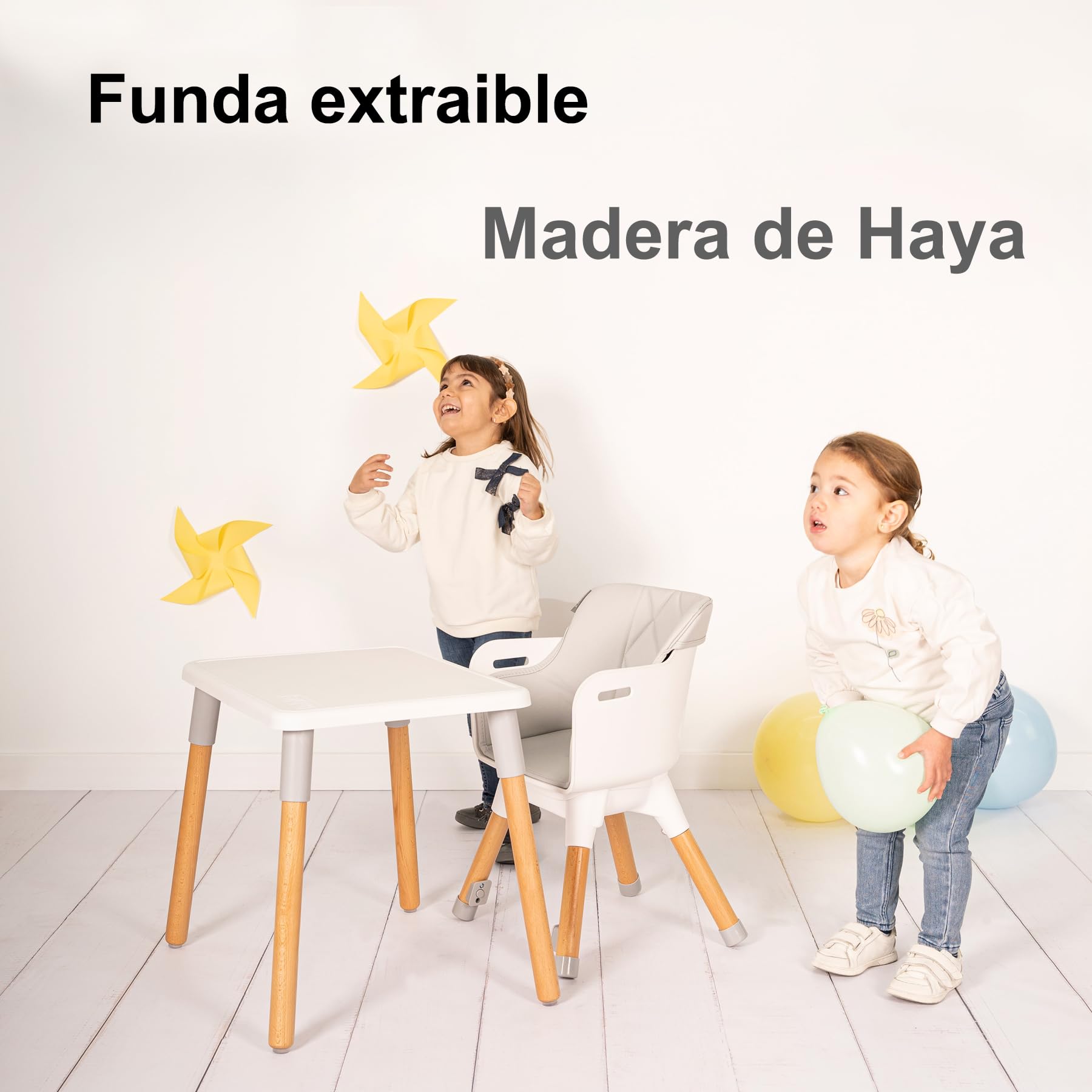 Olmitos – Trona bebé Convertible 2 en 1 Mesa con Silla para Niños KOMBO - Seguridad, Madera de Haya, Arnés de 5 Puntos, Plegable y Ajustable – 6+ meses hasta 15kg (Beige)
