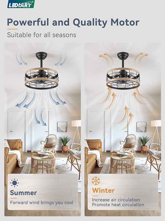LEDIARY 16.5 inch Caged Fandelier Ceiling Fan Light with Remote, Brown