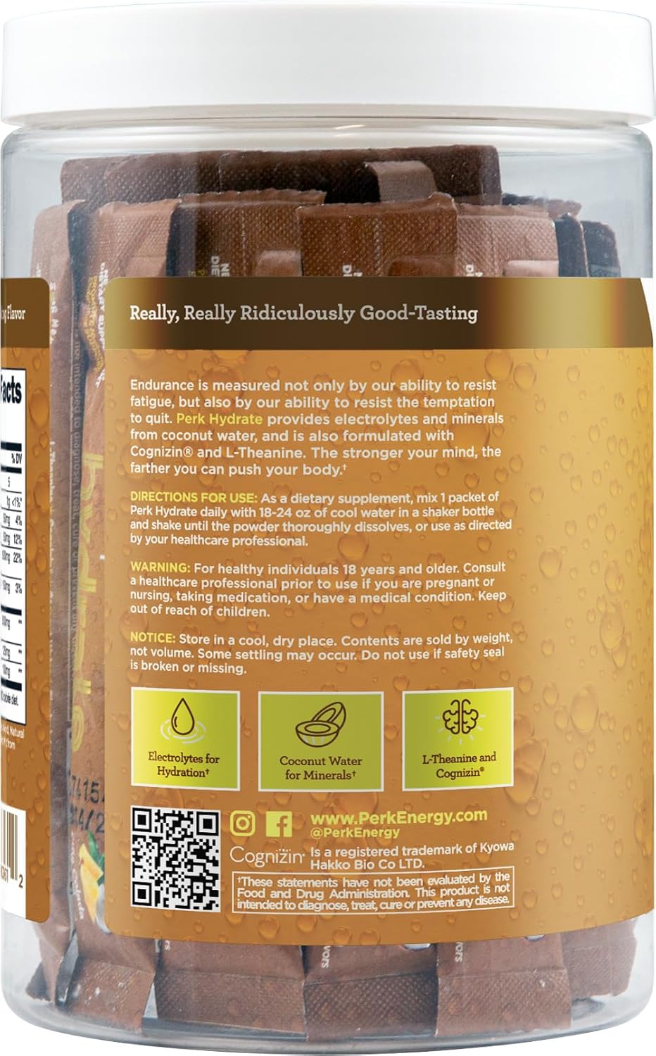 Perk Hydrate Electrolyte Stickpacks (Pina Colada) 20 Packets - Coconut Water, CDP-Choline, L-Theanine, Gluten-Free, Keto Friendly, Vegan