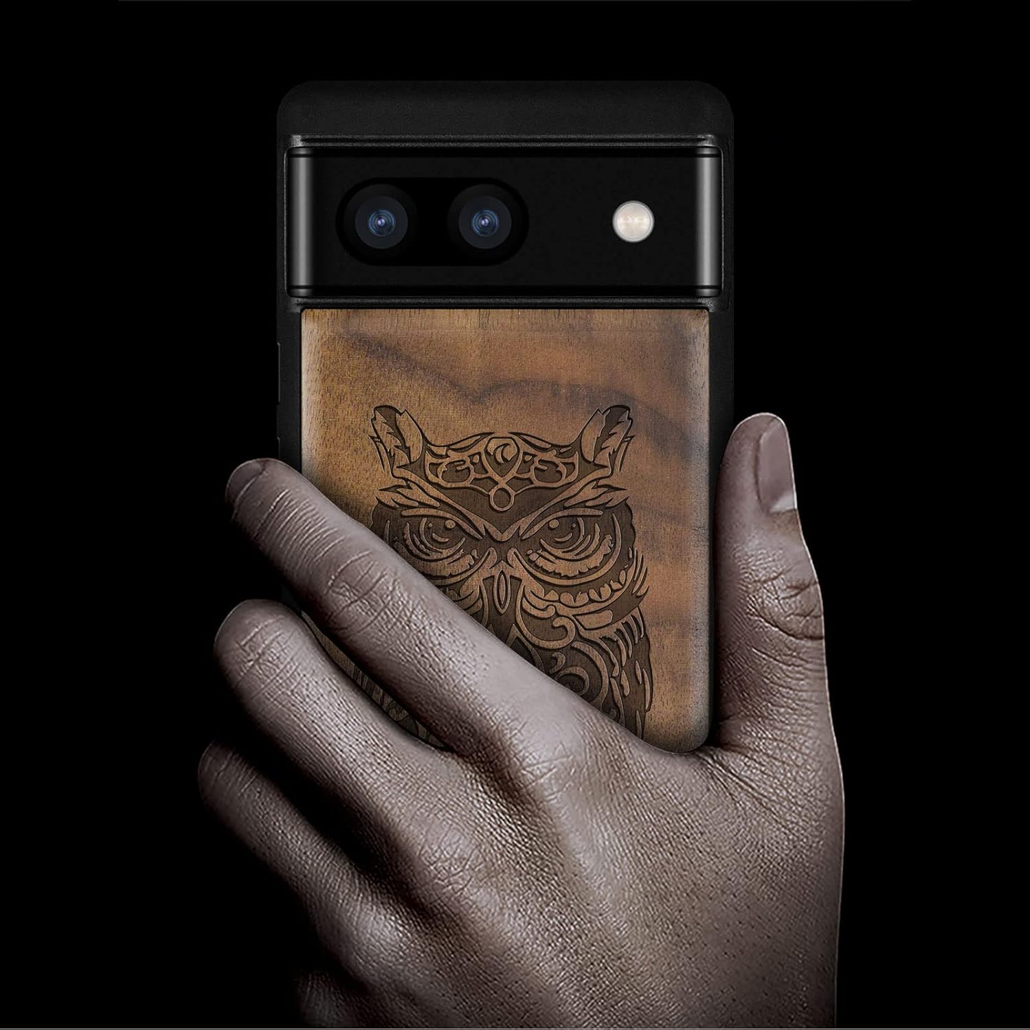 Carveit Wood Case for Pixel 6a Case [Natural Wood & Black Soft TPU] Shockproof Protective Unique & Classy Wooden Cover Compatible with Google Pixel 6a (Owl Carving-Walnut)