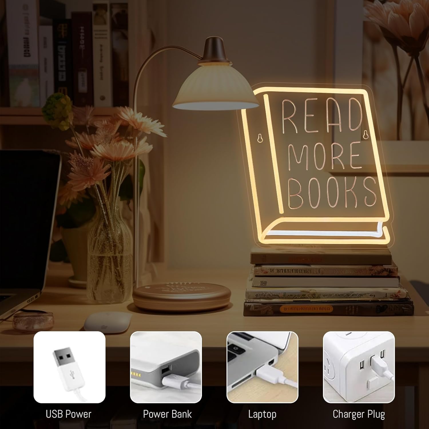 Read More Books Neon Sign Dimmable Book Neon Lights Classroom LED Light Up Sign for Classroom Bookstore Library Study Room Reading Party with Dimmable Switch