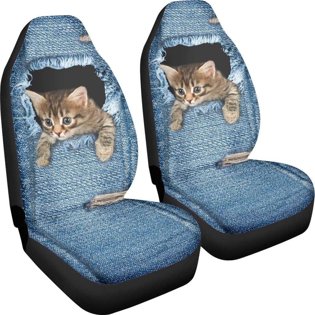 chaqlin Set completo di 2 coprisedili per auto universali in denim con stampa gatto 3D per uomo e donna, resistenti e antiscivolo