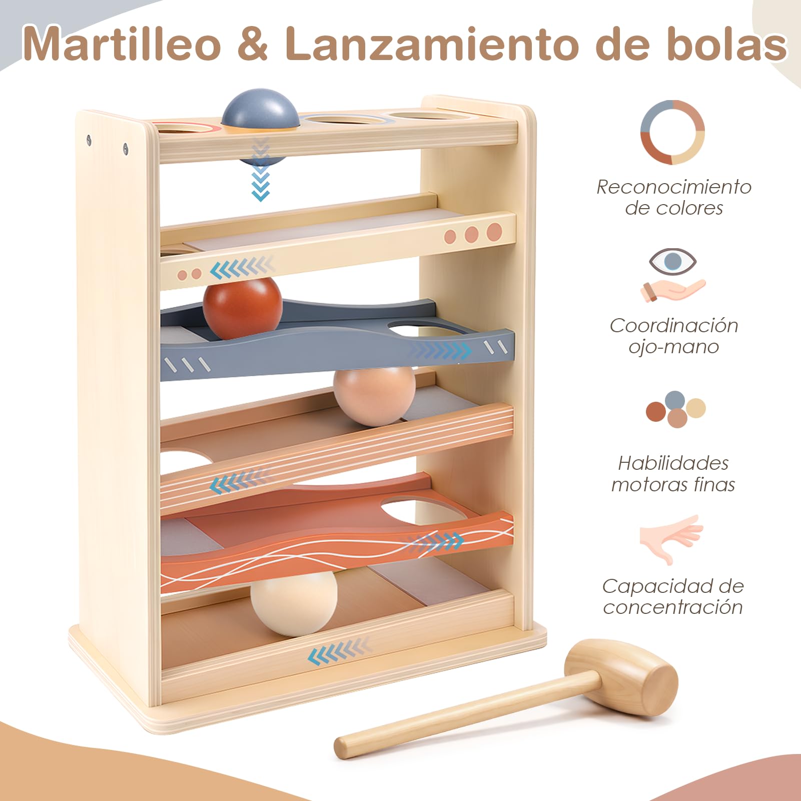 Vanplay Circuito de bolas de madera juguete Montessori desde 1 año, Juego de martillo con 4 bolas y martillo de madera, Sin montaje, Regalo para niños y niñas de 1‑4 años