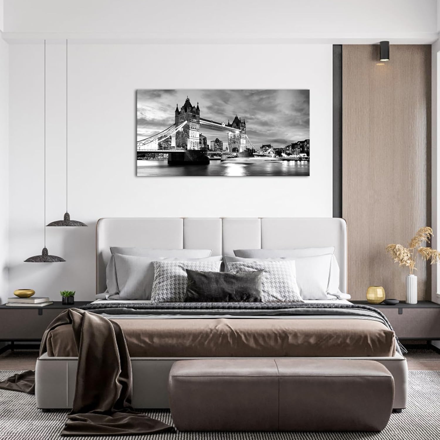 KLVOS Black White London Tower Bridge Canvas Wall Art England Cityscape Painting UK Pictures Modern Artwork Home Decor for Living Room Giclee Wooden Framed Stretched Ready to Hang 24x48 inch