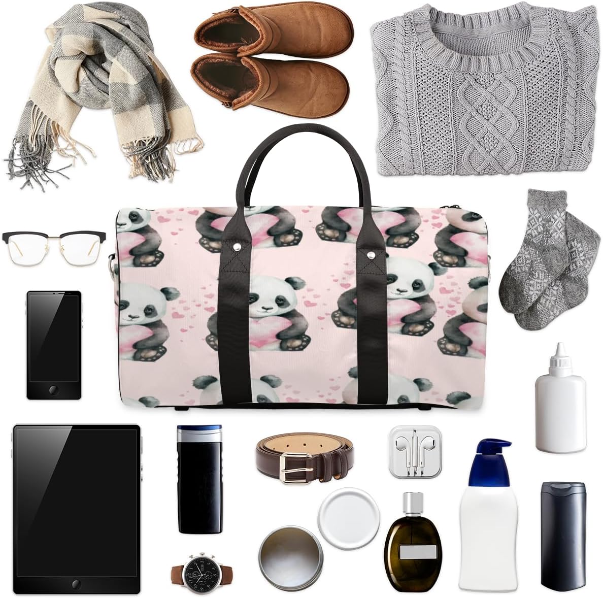 Heart Pandas Travel Duffel Bag for Women Men Large Capacity Overnight Weekender Bags for Lightweight Waterproof Sport Gym Bag for Workout Yoga Swim