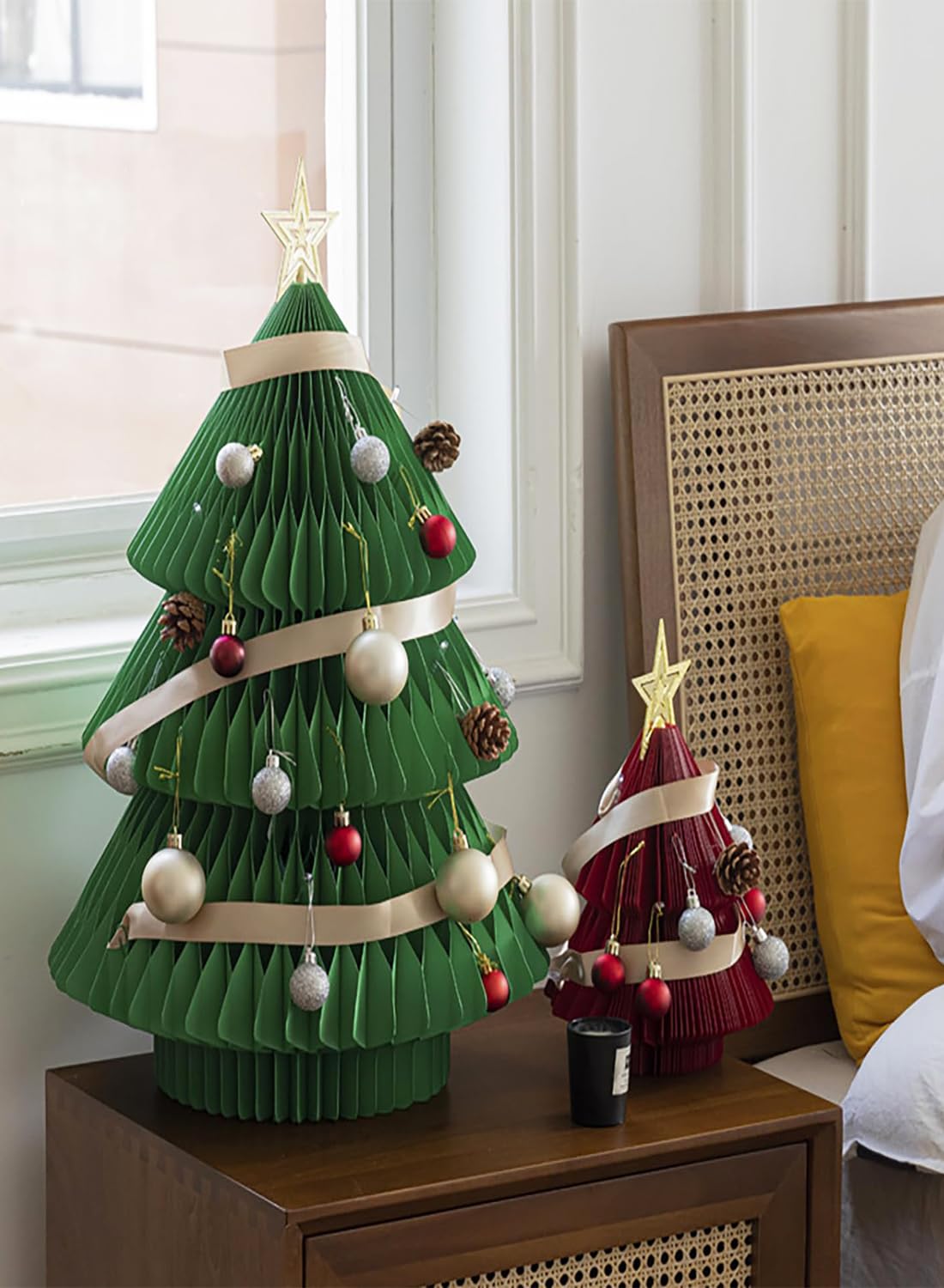 Albero di Natale di Carta, Decorazioni per Feste di Natale per Tavoli Decorazioni per la Casa, Decorazione Pieghevole per Albero di Natale In Carta Kraft con Luce USB e Ornamenti green L