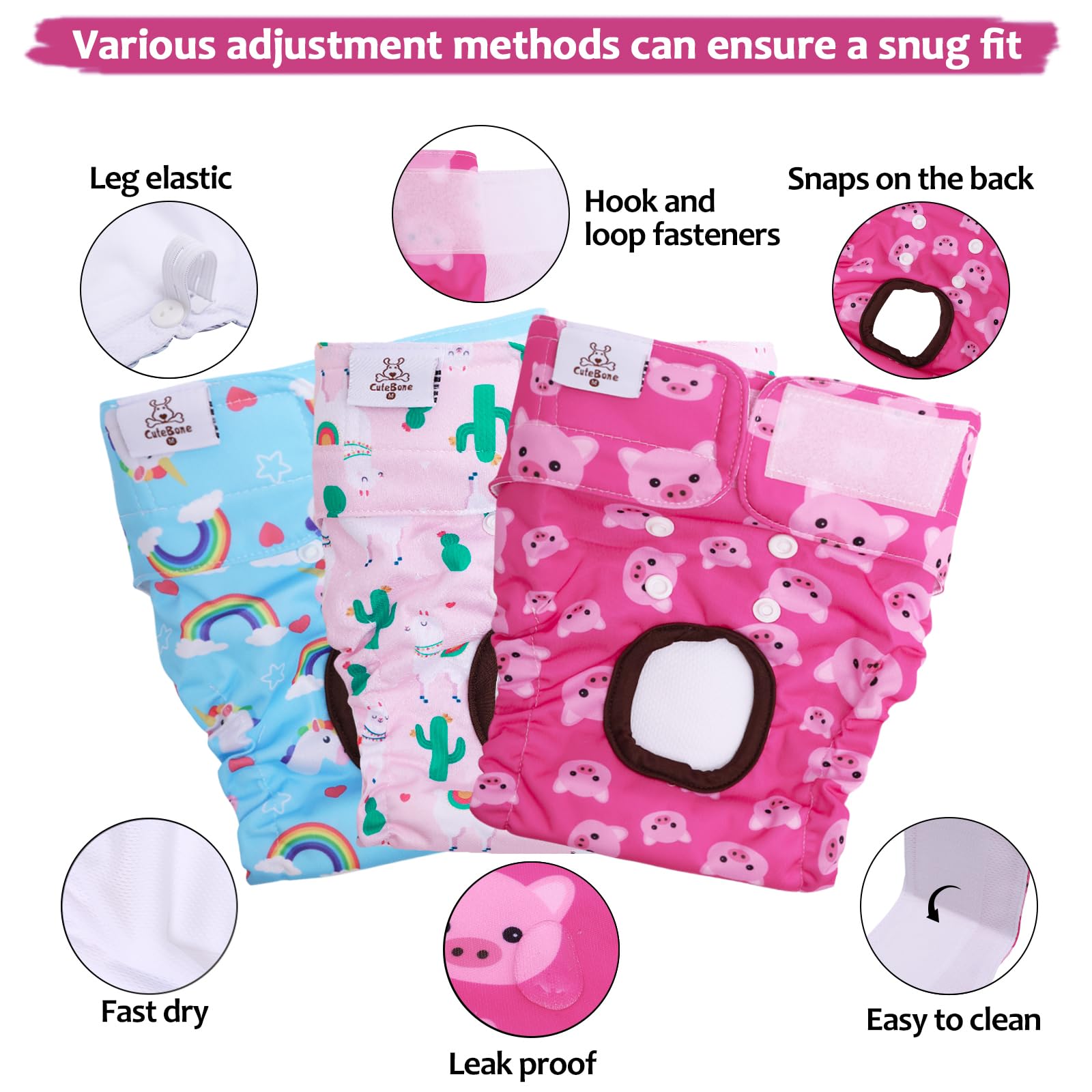 CuteBone Pañales para perras, paquete de 3 pañales lavables para perras con un tirante para ciclo de calor, BDD05L